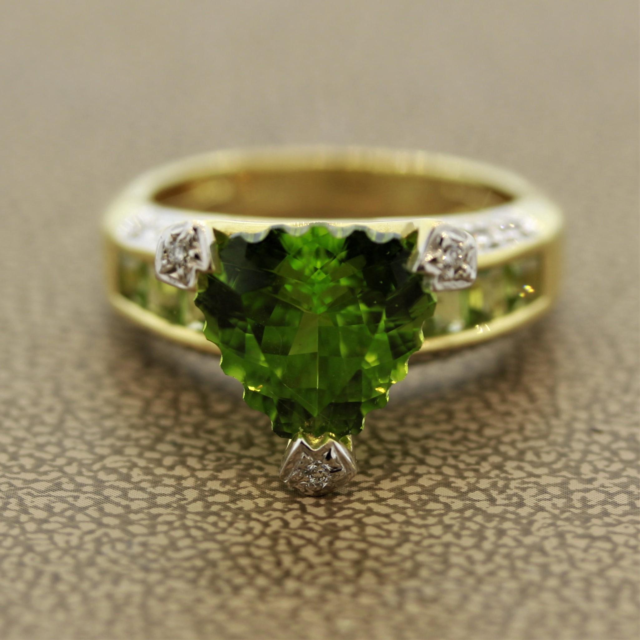 A unique ring by Italian designer Bellarri. It features a total of 5.90 carats of bright and lively peridot. The center and largest peridot is cut as a fancy trillion cut with ridges on its girdles. Cut and polished by a master lapidary. Adding to