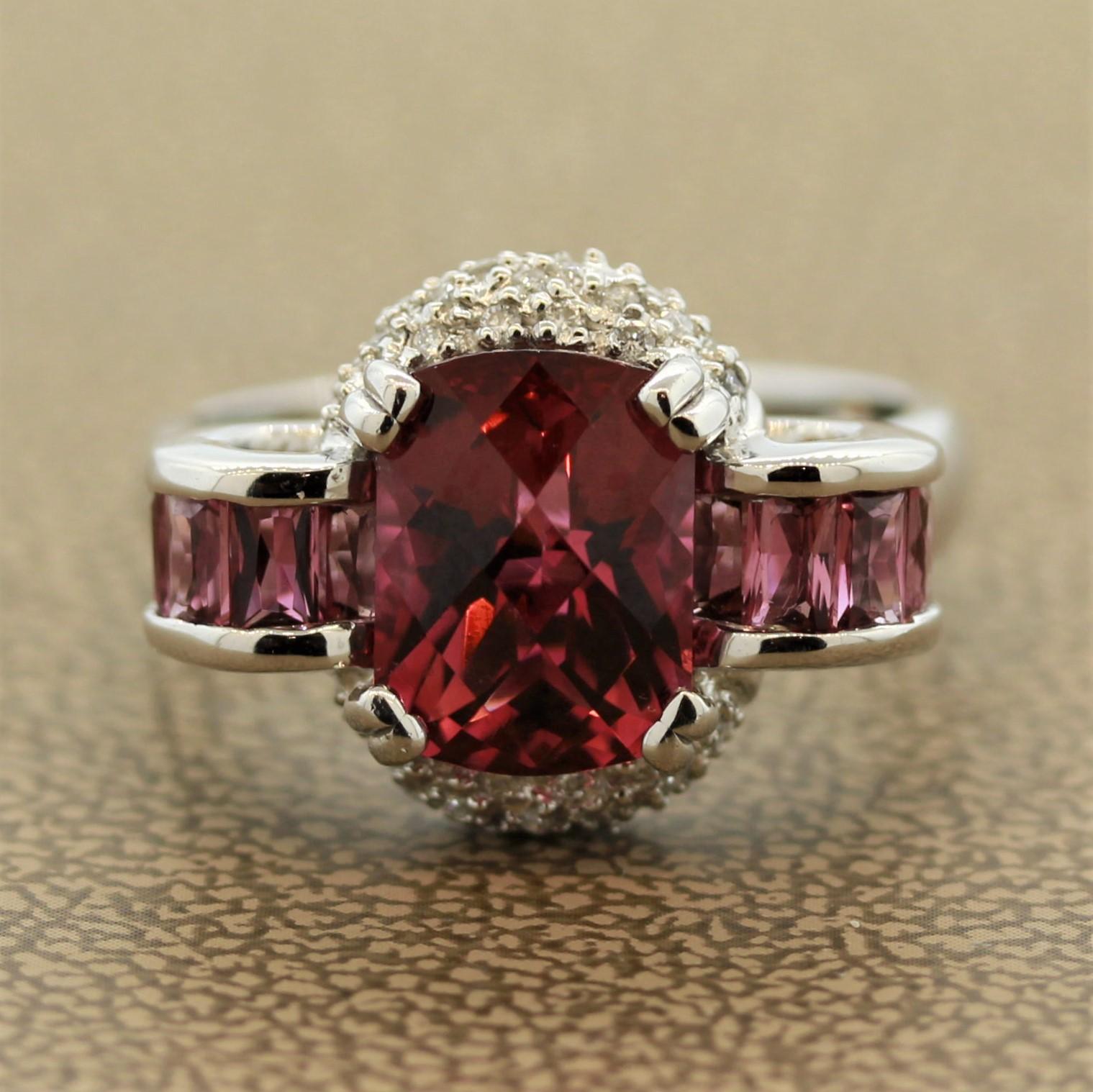 An original piece from Italian designer Bellarri. It features a 2.73 carat pink topaz in the center which is accented by smaller pink topaz weighing a total of 1.36 carats and set on its sides. Adding to that are 0.13 carats of round brilliant cut