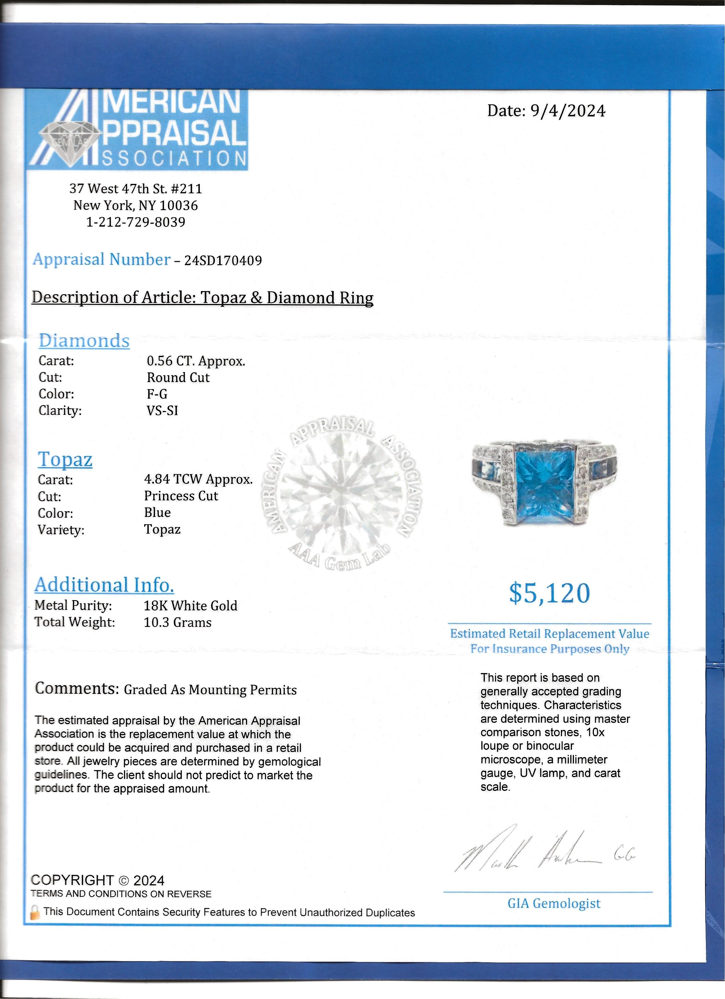 Bellarri Princess Cut Topaz Cocktail Ring with Diamonds in 18 Karat White Gold For Sale 8