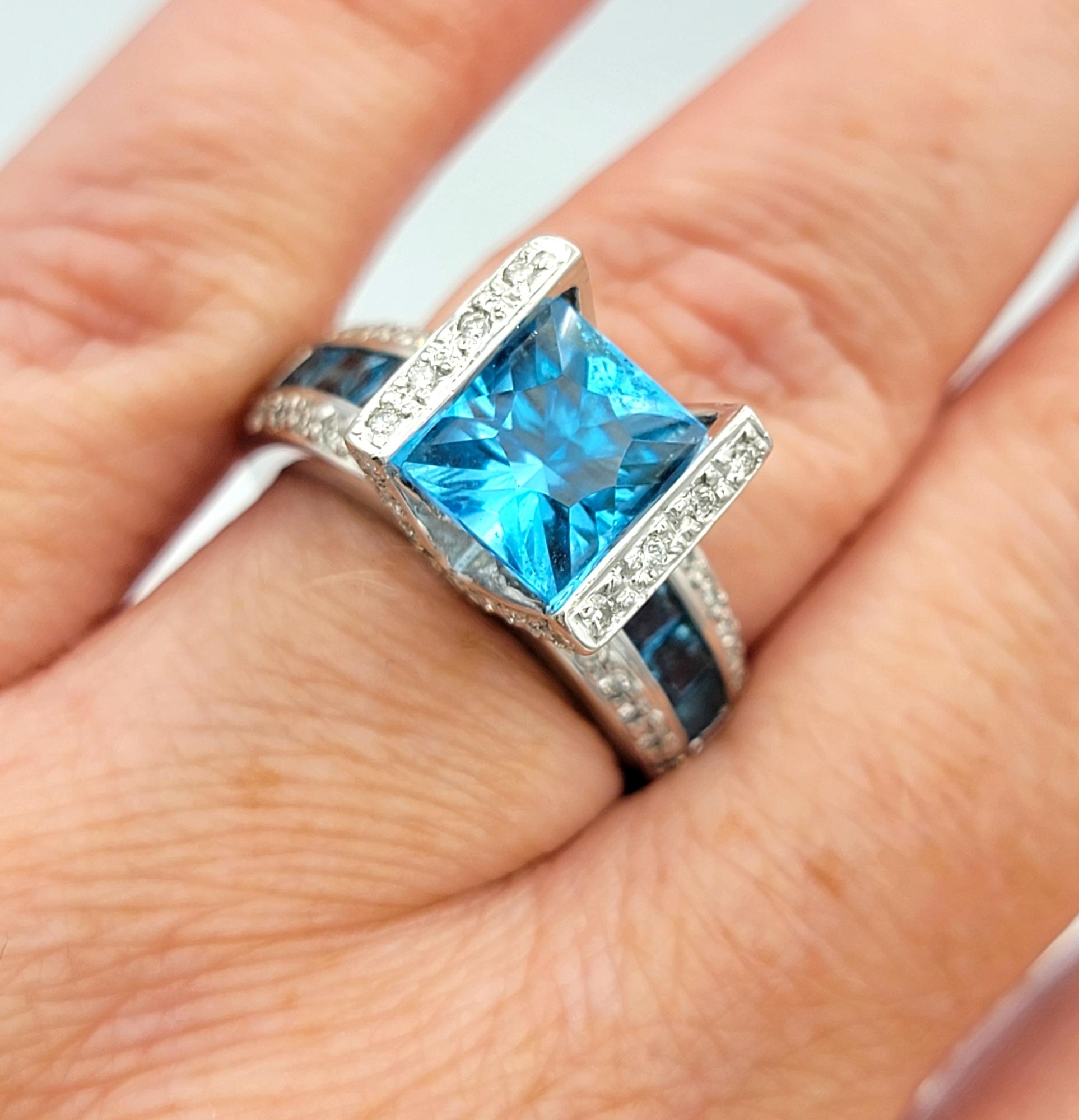 Bellarri Princess Cut Topaz Cocktail Ring with Diamonds in 18 Karat White Gold For Sale 4