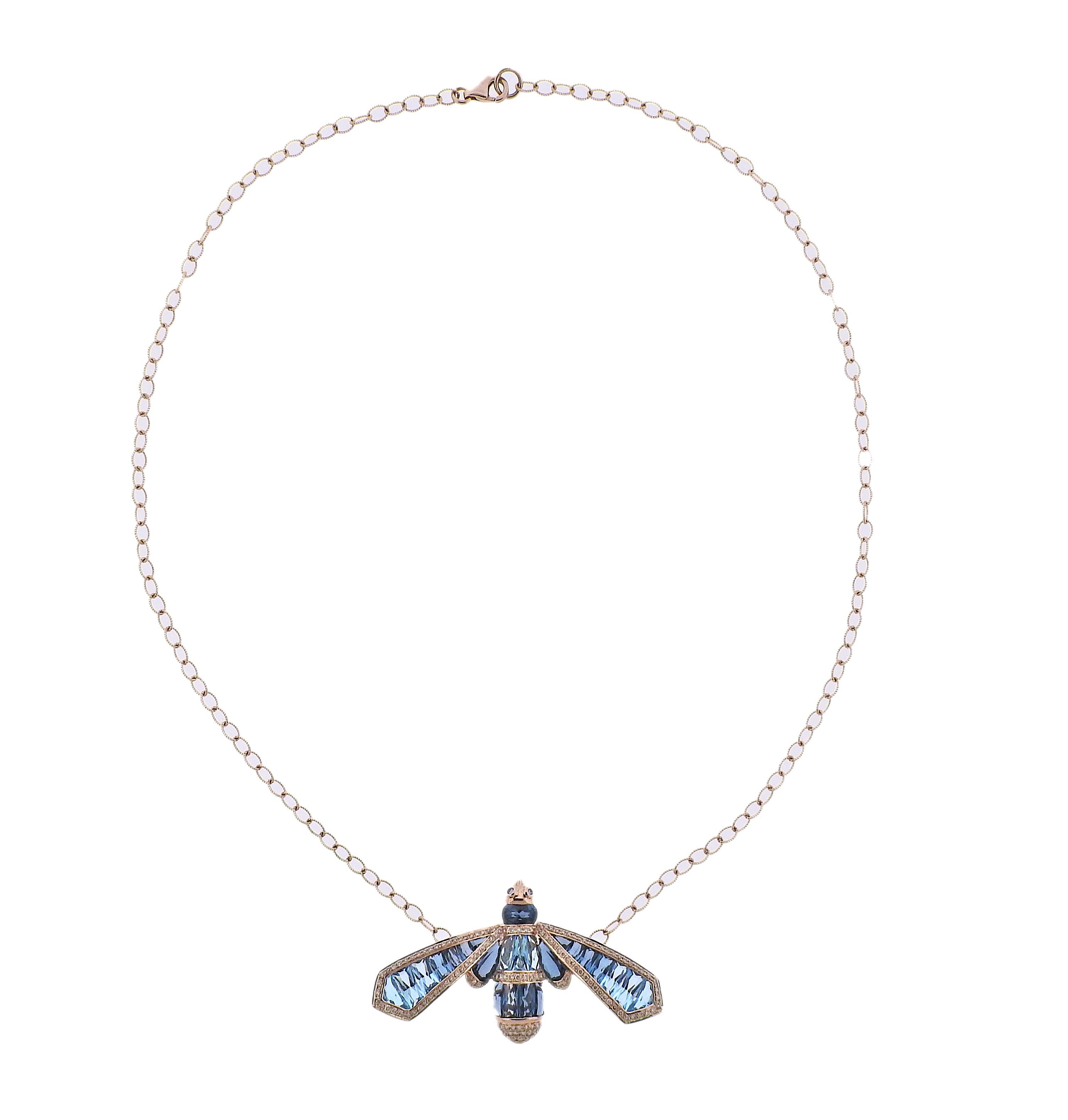 Featuring 14k rose gold pendant necklace from Queen Bee collection, set with 0.52ctw in H/VS diamonds and 8.35ctw in blue topaz, with 0.04ctw sapphire eyes. All Bellarri jewelry is brand new with tags. Necklace is 16.75
