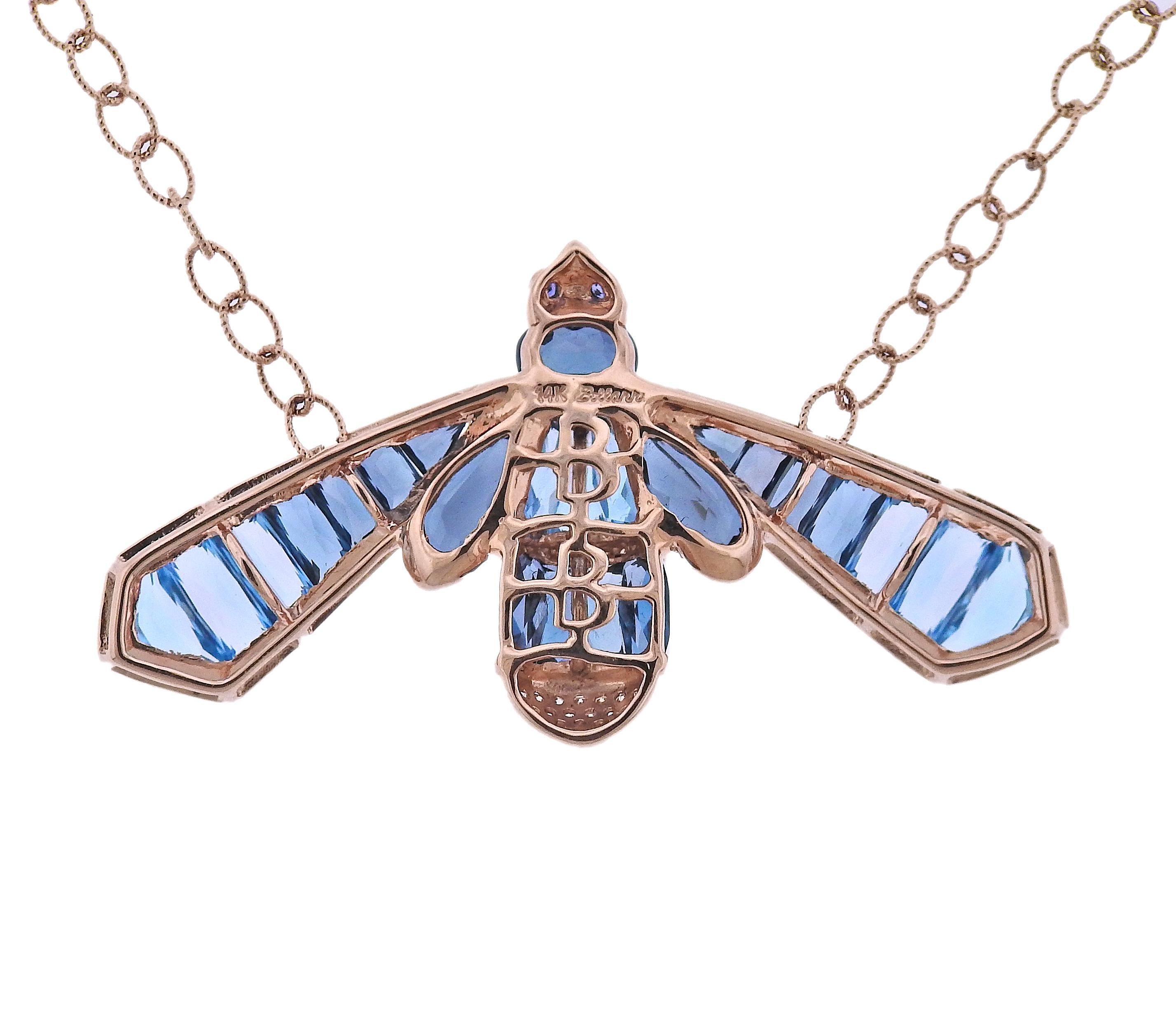 Round Cut Bellarri Queen Bee Blue Topaz Diamond Gold Pendant Necklace For Sale