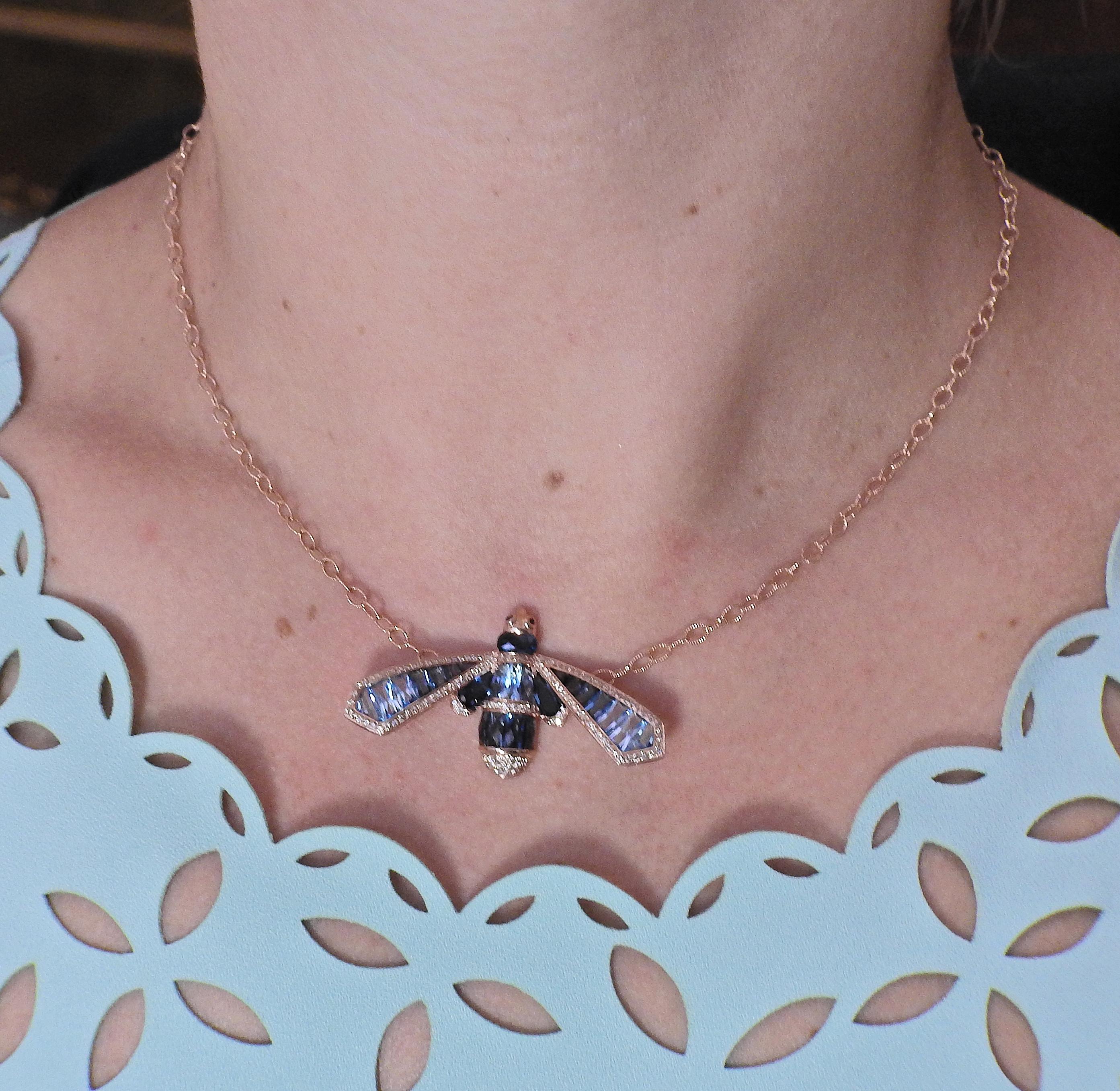 Bellarri Queen Bee Blue Topaz Diamond Gold Pendant Necklace In New Condition For Sale In Lambertville, NJ