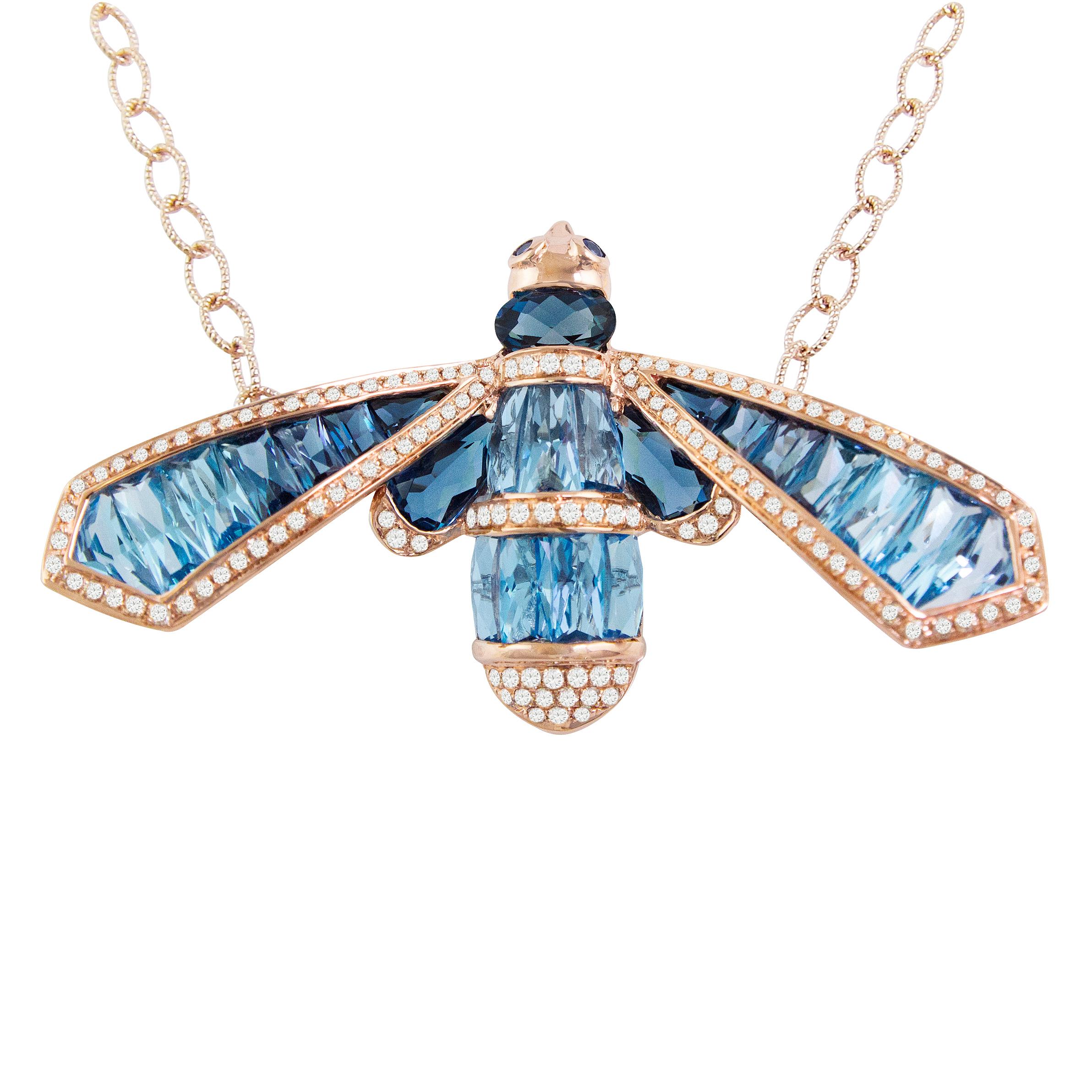 Bellarri Queen Bee Blue Topaz Diamond Gold Pendant Necklace For Sale
