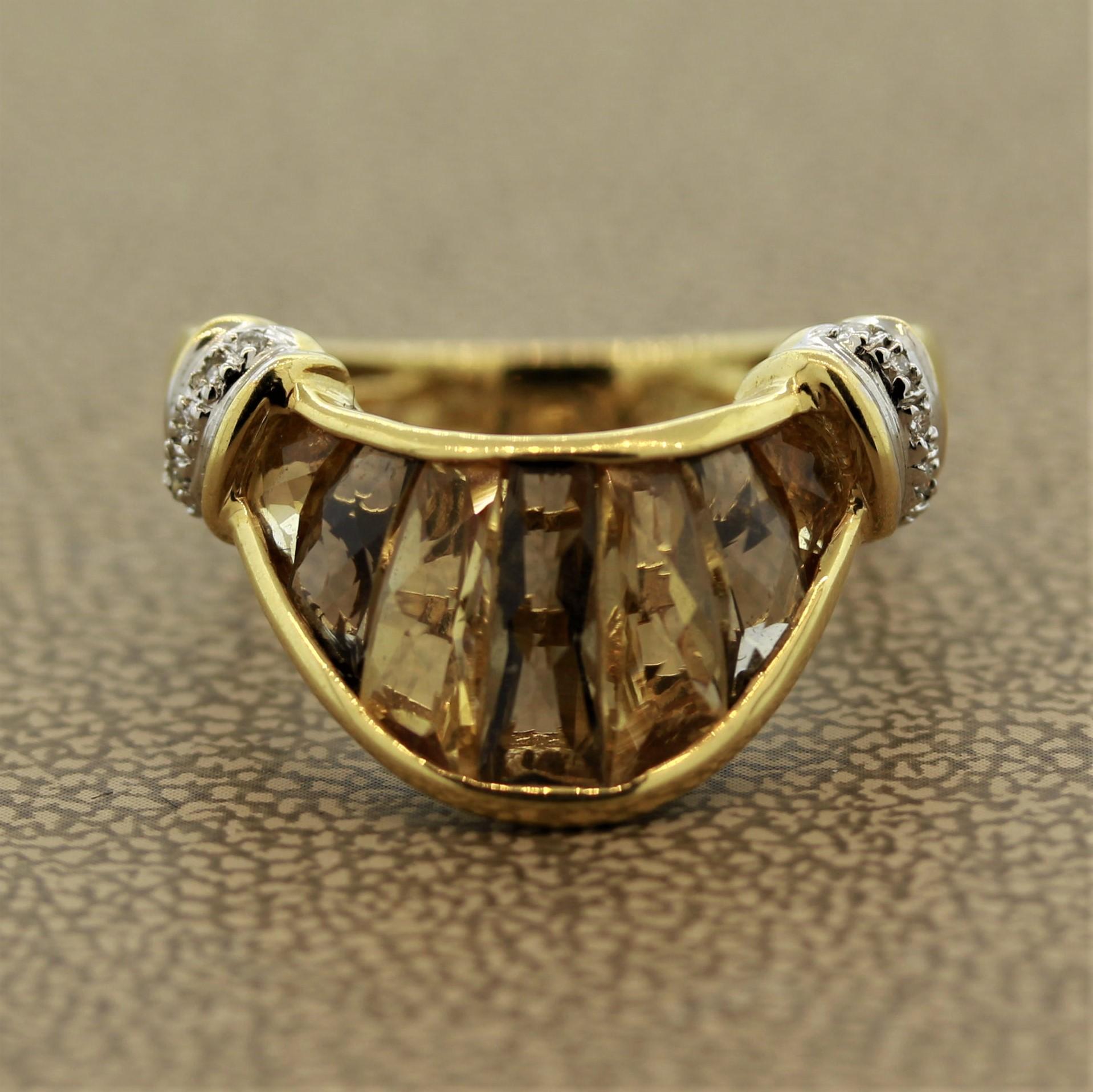 An Italian designed ring by Bellarri, it features 2.16 carats of smokey quartz and citrine set one after another in the center of the ring. Accenting the colored stones are 0.05 carats of round cut diamonds set in 18k yellow gold.

Ring Size: 7