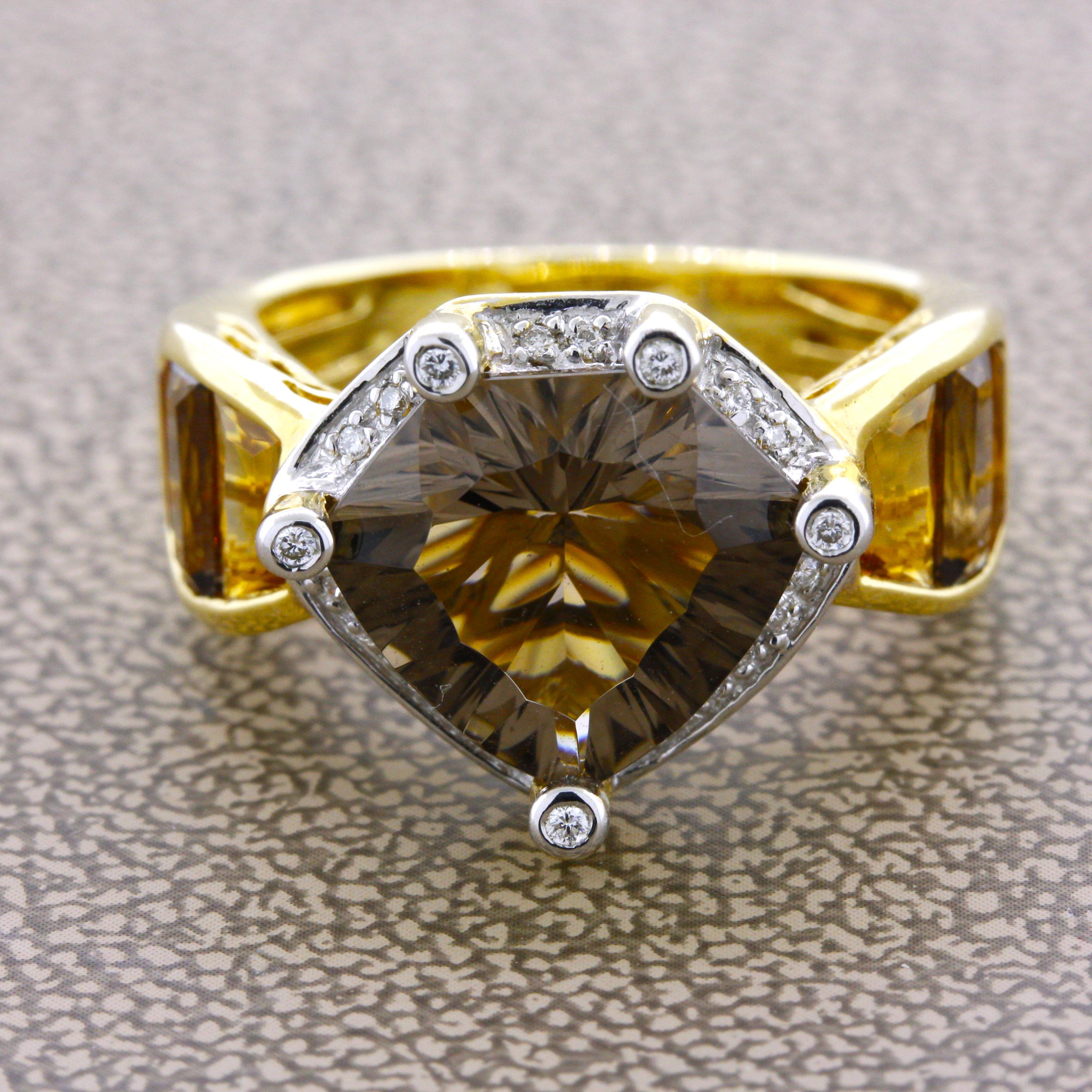 A classic piece by designer Bellarri, this ring features a large fantasy-cut smoky quartz in its center along with smaller citrine and quartz set down the sides of the ring. The colored gemstones weigh a total of 5.89 carats. Adding to that are 0.08