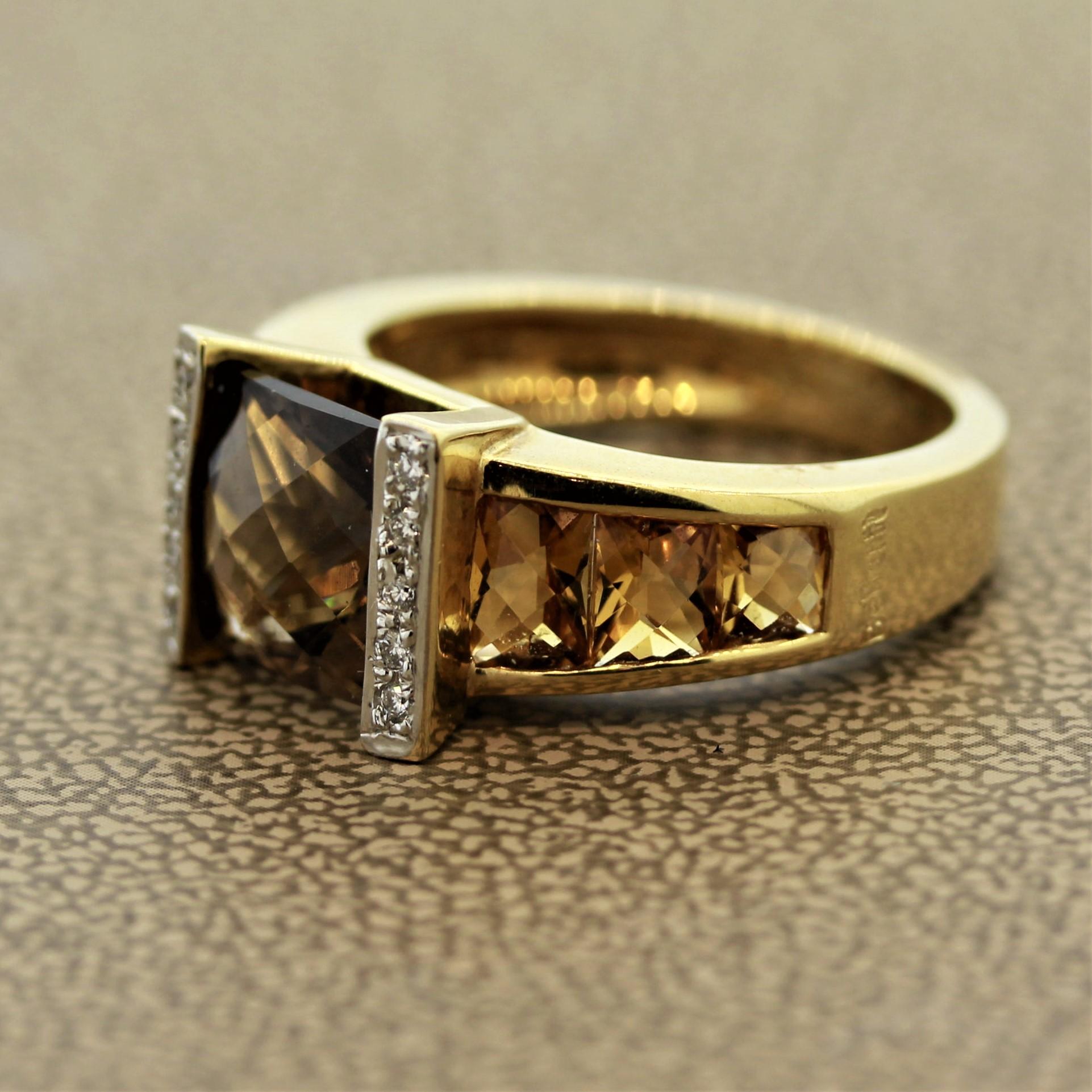 Princess Cut Bellarri Smoky Quartz Citrine Diamond Gold Ring