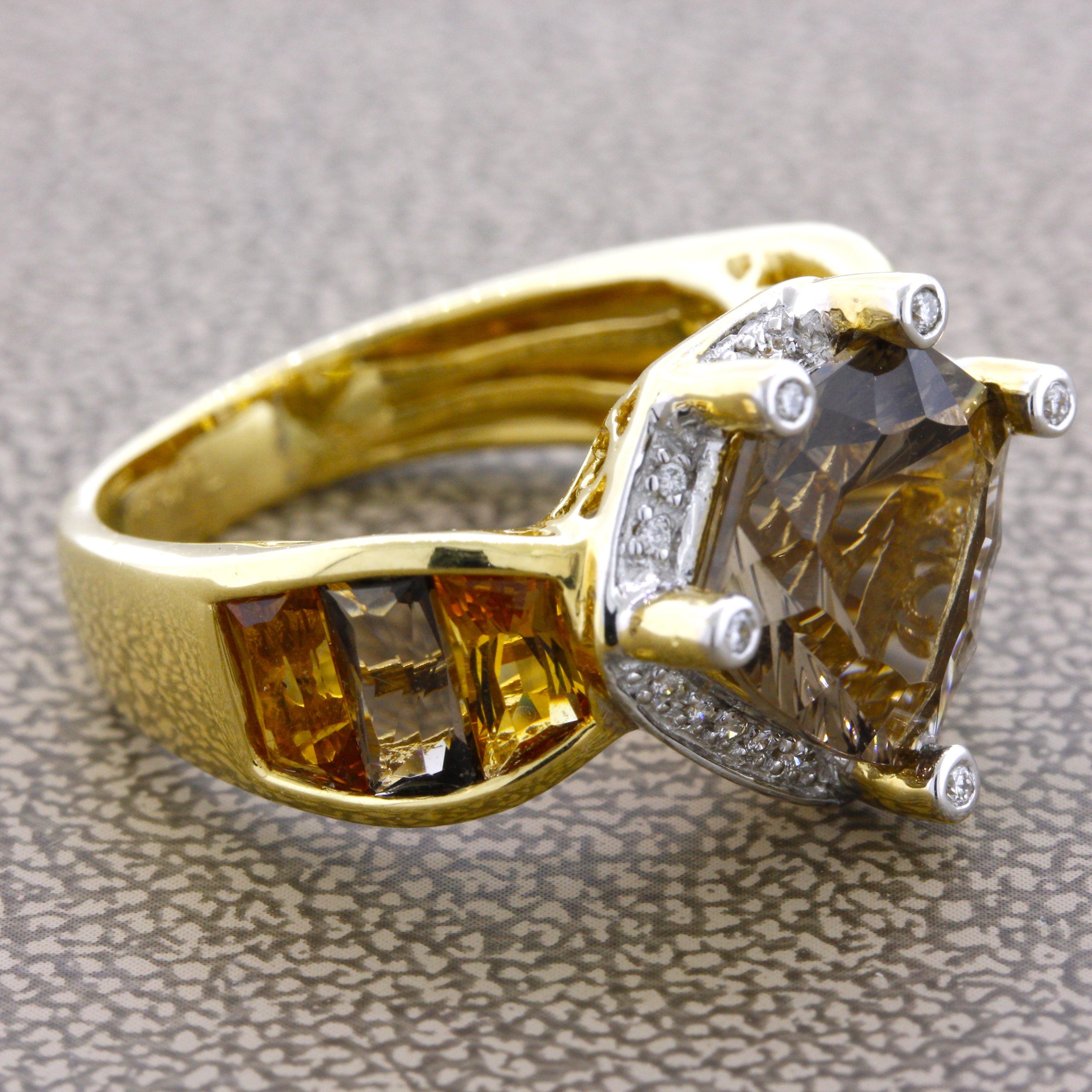 Shield Cut Bellarri Smoky Quartz Citrine Diamond Gold Ring For Sale