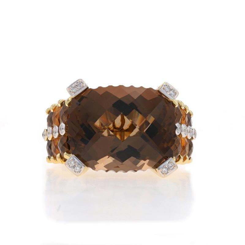 Size: 8 1/4

Brand: Bellarri

Metal Content: 18k Yellow Gold & 18k White Gold

Stone Information

Natural Smoky Quartz
Cut: Cushion Checkerboard Scalloped Edge
Color: Brown
Stone Note: (solitaire)

Natural Citrines
Treatment: Heating
Cut: Cushion