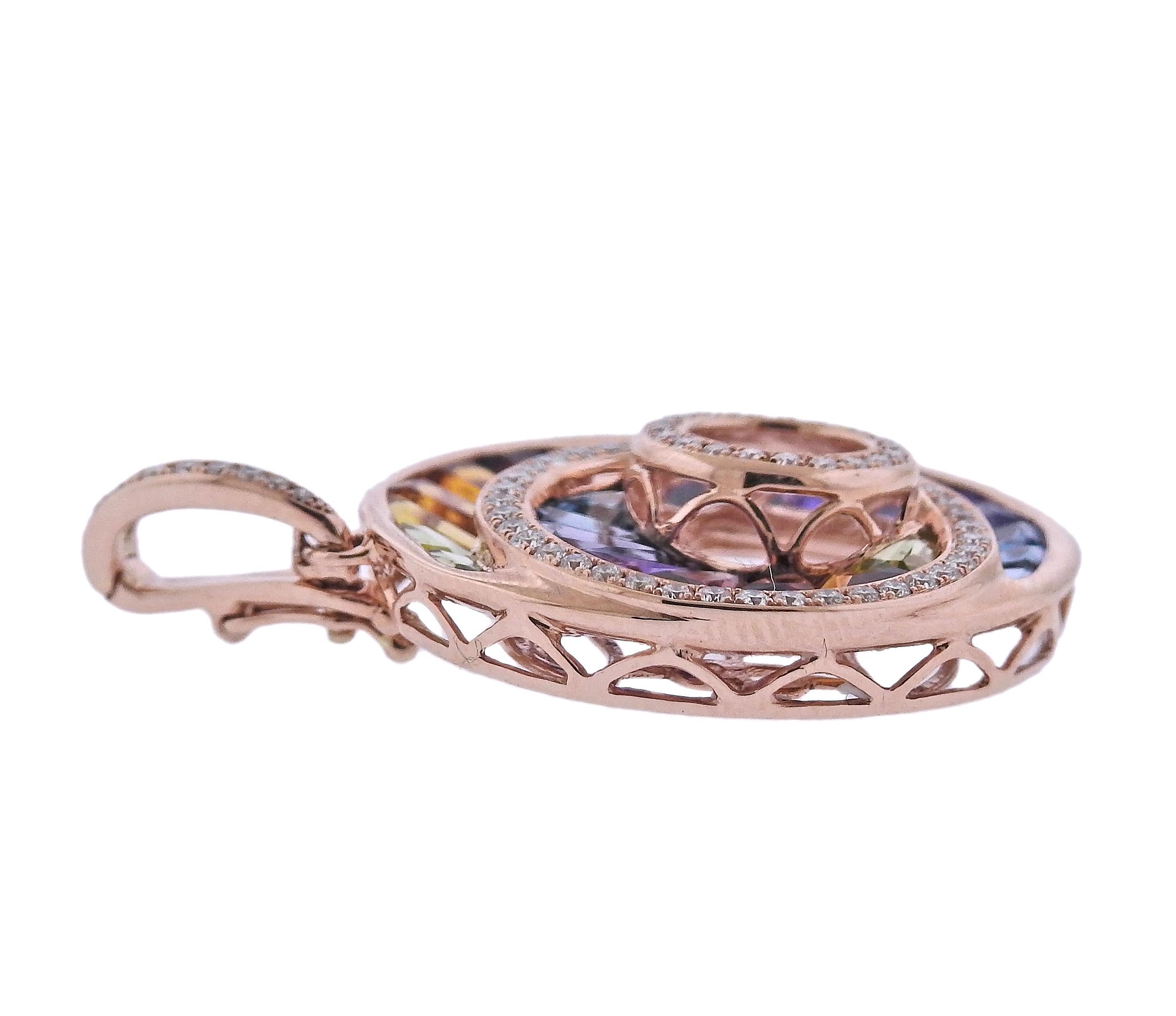Featuring 14k rose gold pendant from The Cove collection, set with 0.51ctw in H/VS diamonds and 6.20ctw in multi color gemstones.  All Bellarri jewelry is brand new with tags. Pendant is 25mm in diameter x 36mm long with bale (bale opens up).