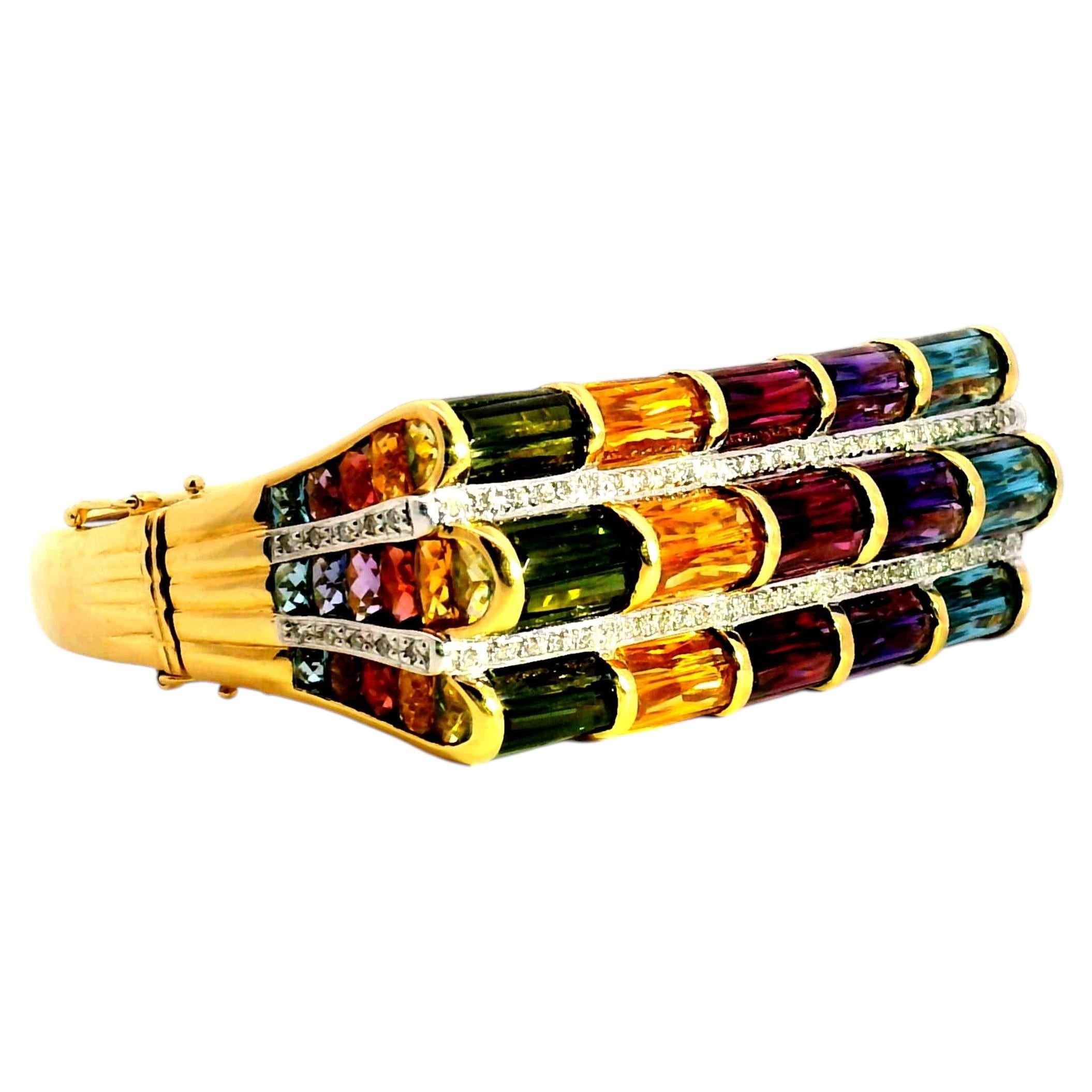 Bellarri Venus 30ct Multi-Color Gemstone Bangle Clamper Bracelet with Diamonds For Sale