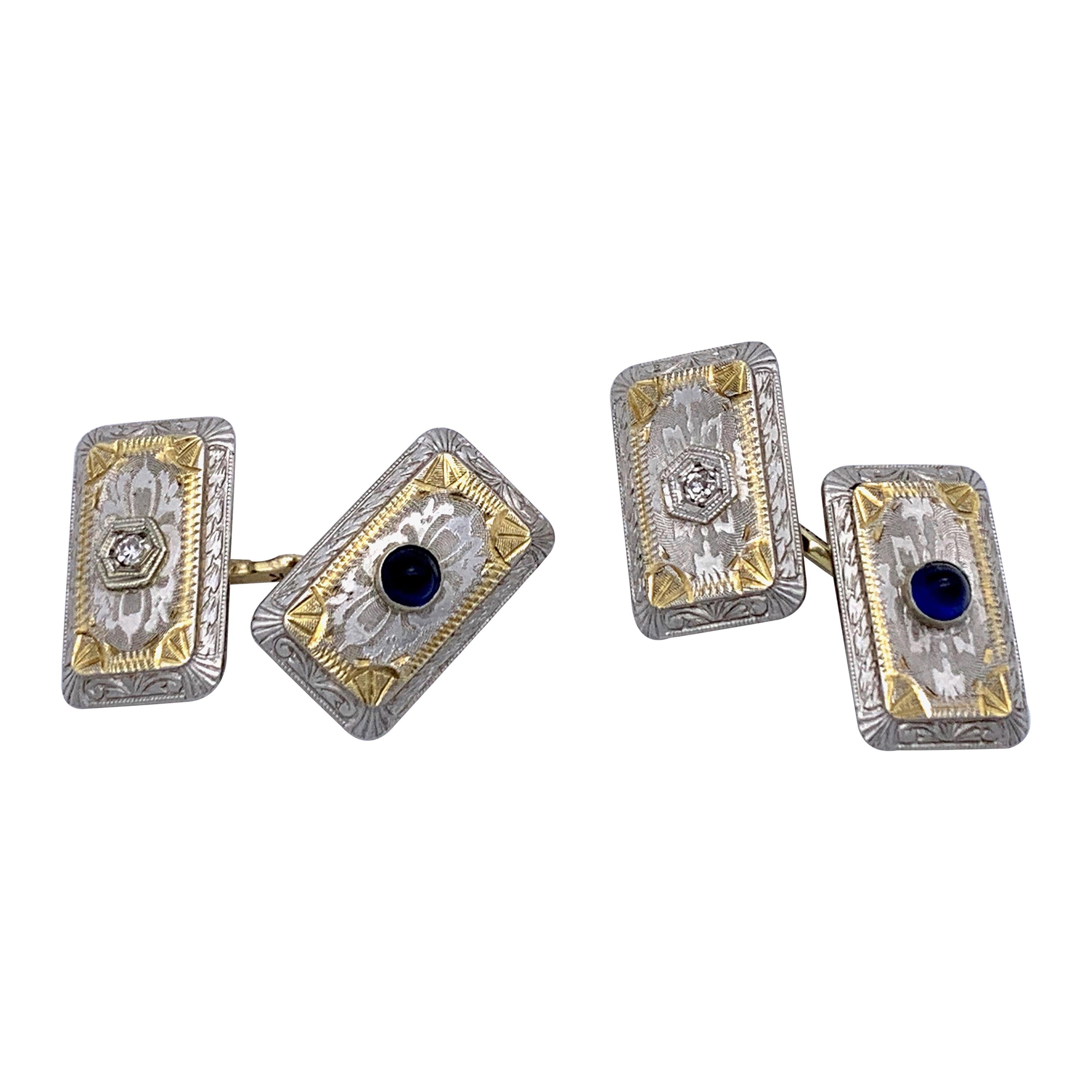 Boutons de manchette Belle Art Déco Saphir Cabochon Diamant Platine Or Jaune 14 Karat