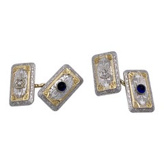 Boutons de manchette Belle Art Déco Saphir Cabochon Diamant Platine Or Jaune 14 Karat