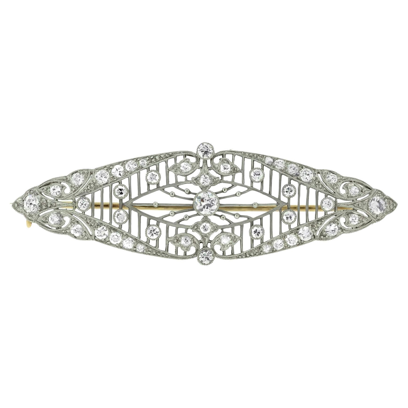 Belle Epoch Early European Cut Diamond Brooch, Platinum, Circa 1920 For Sale