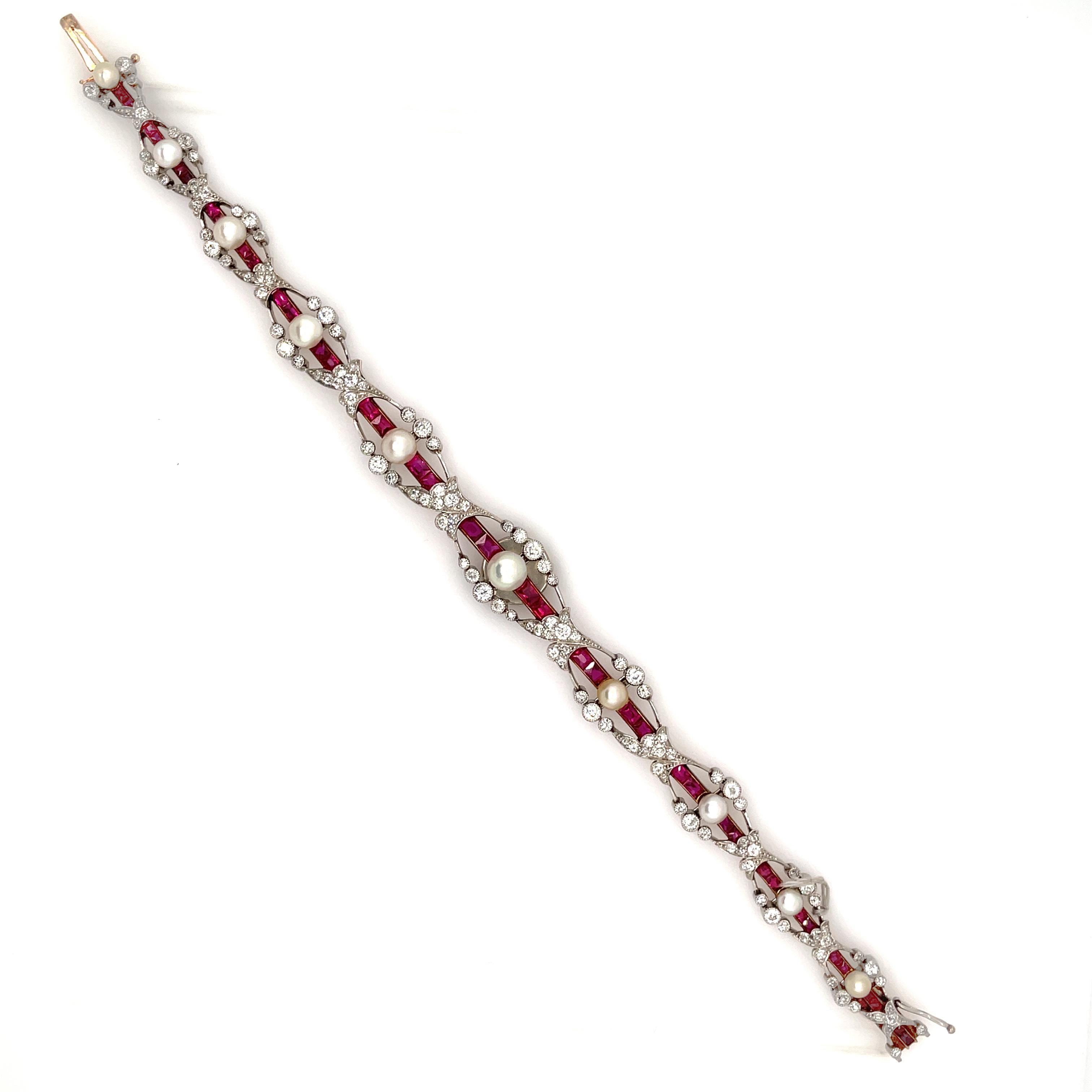 Belle Epoche Naturperlen-Rubin-Diamant-Armband:: um 1910 im Zustand „Gut“ in Idar-Oberstein, DE