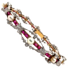 Belle Epoch Natural Pearl Ruby and Diamond Bracelet, circa 1910s