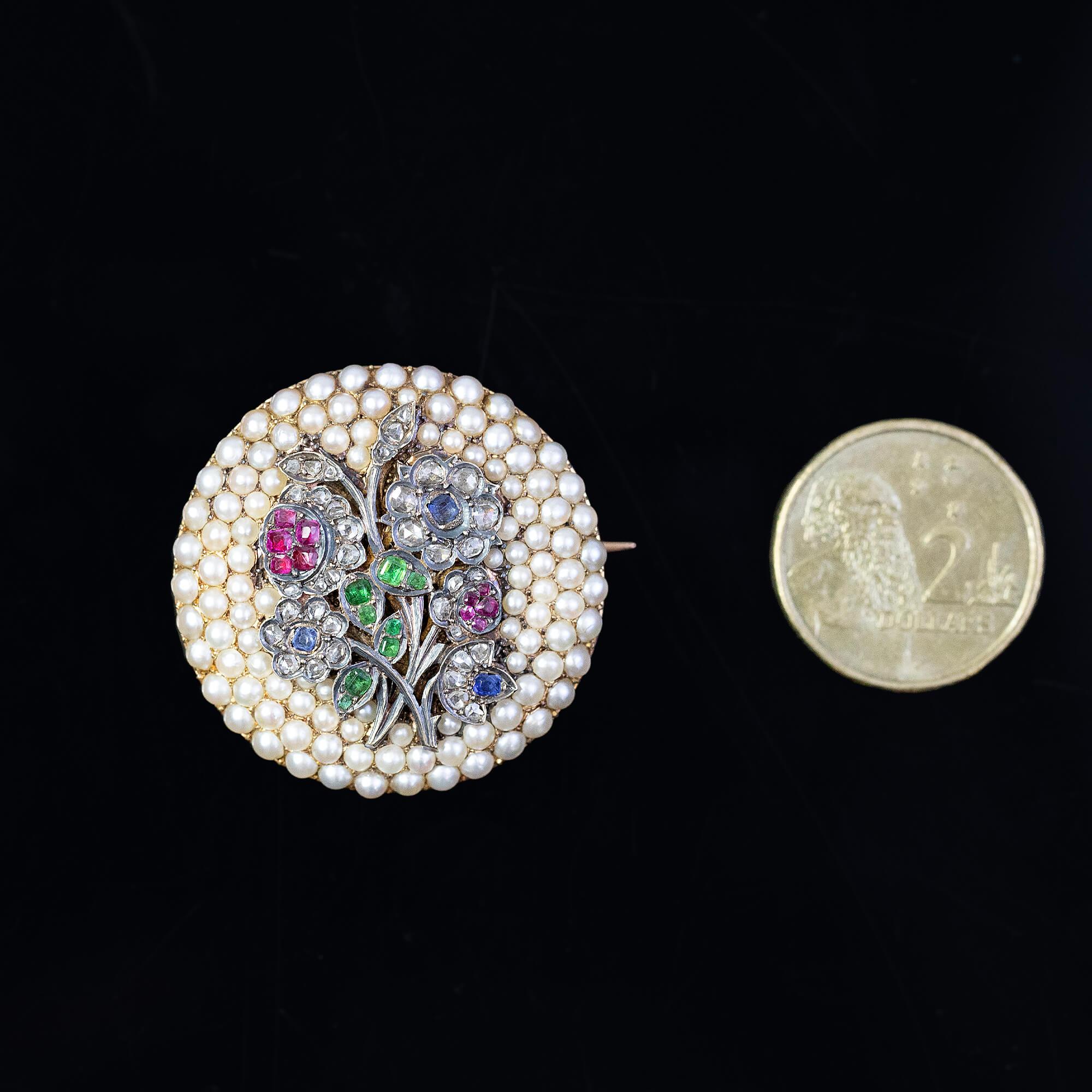 Belle Époque Broche Belle Epoque Bouquet de perles et pierres précieuses Circa 1900 - French Hallmarked en vente