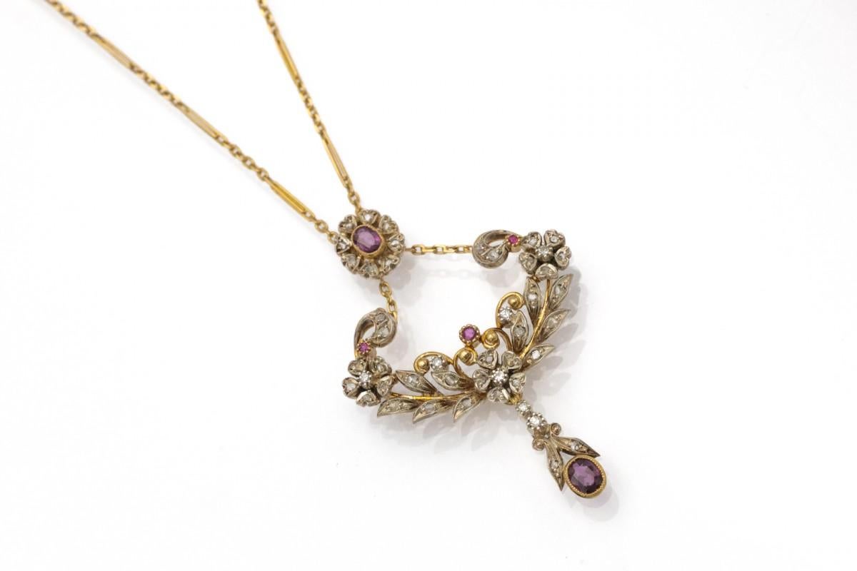 Belle Époque Collier ancien Belle Epoqie avec diamants et rubis. en vente