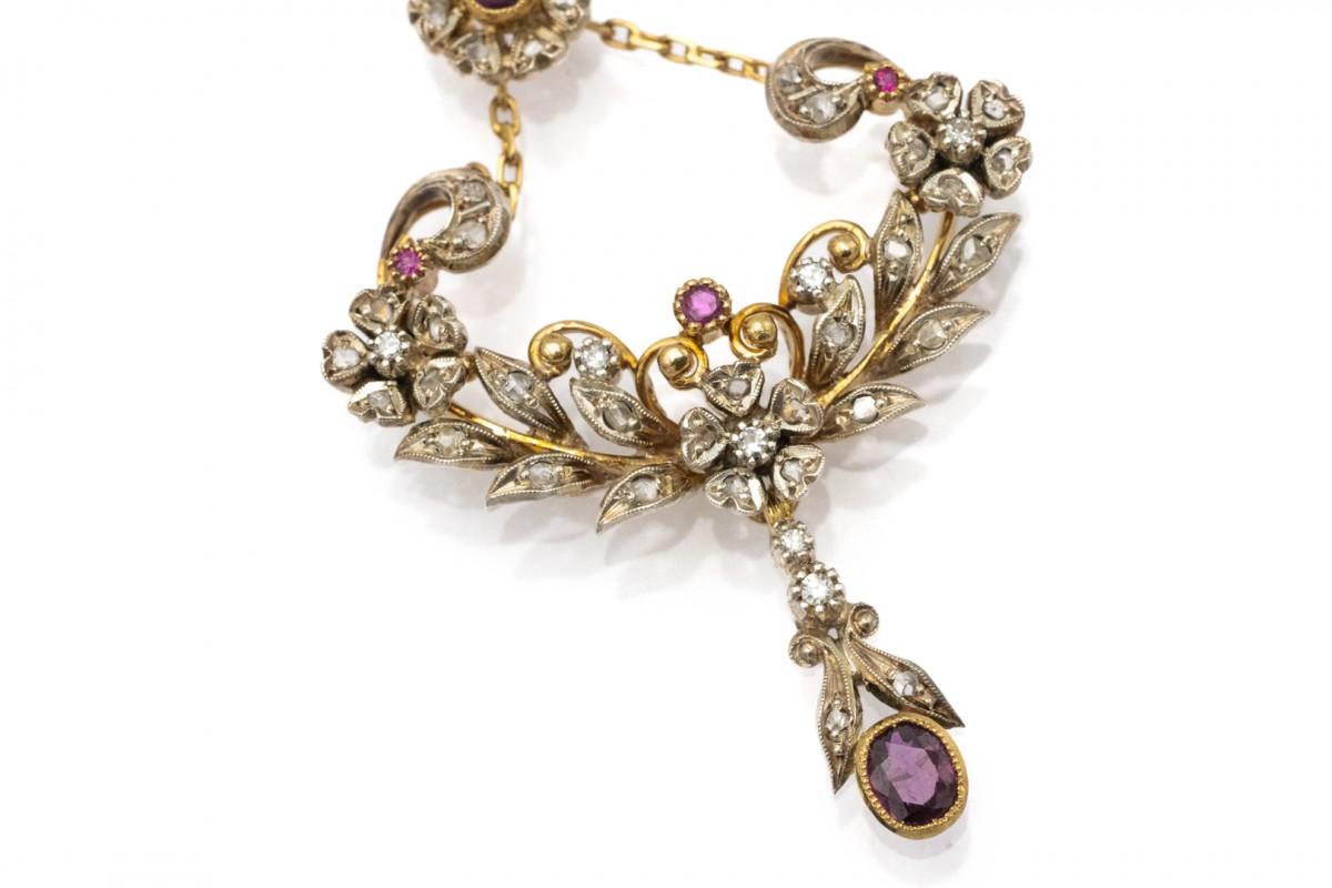 Collier ancien Belle Epoqie avec diamants et rubis. Bon état - En vente à Chorzów, PL