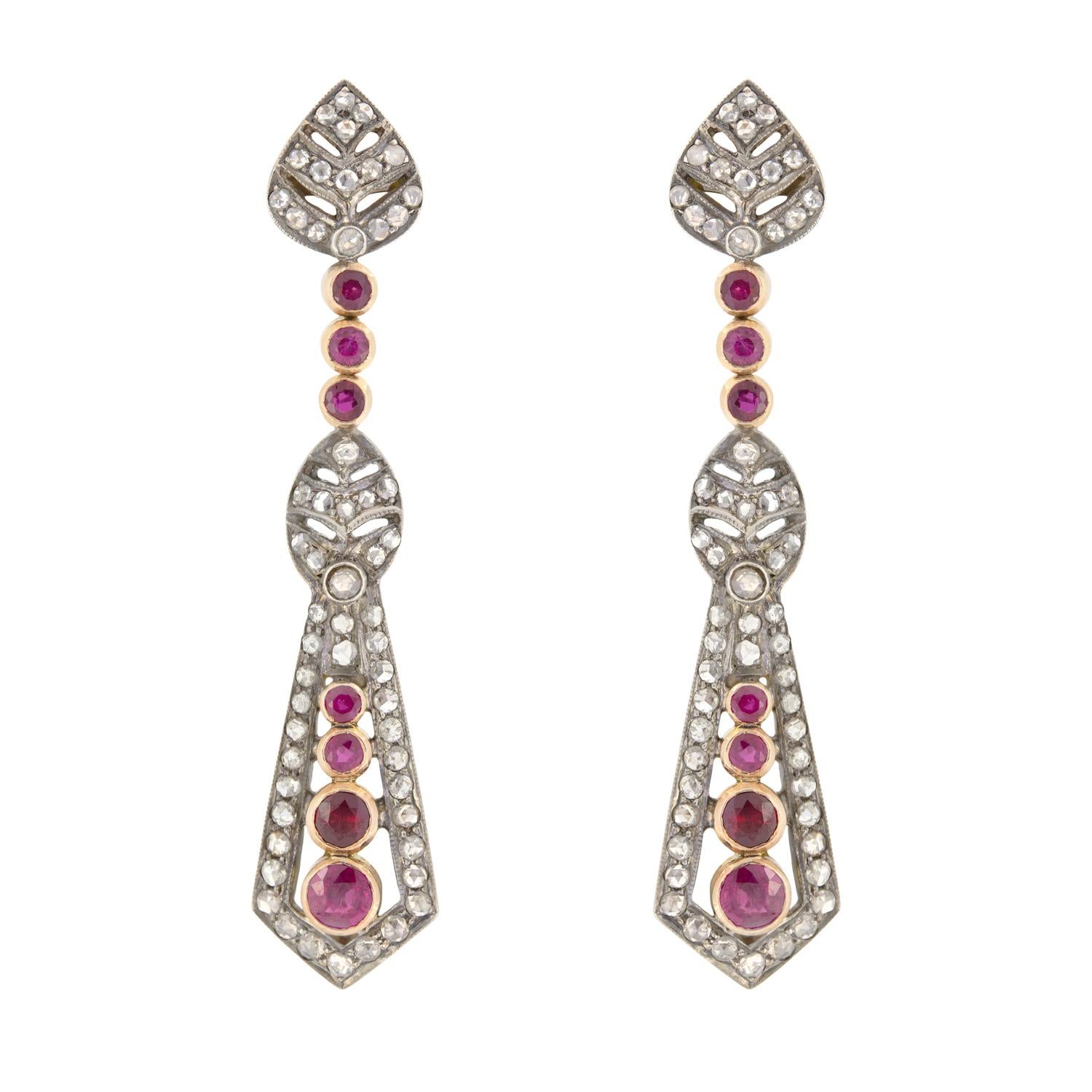 Victorian Belle Époque 0.50ct Diamond and Ruby Drop Earrings, c.1880s For Sale