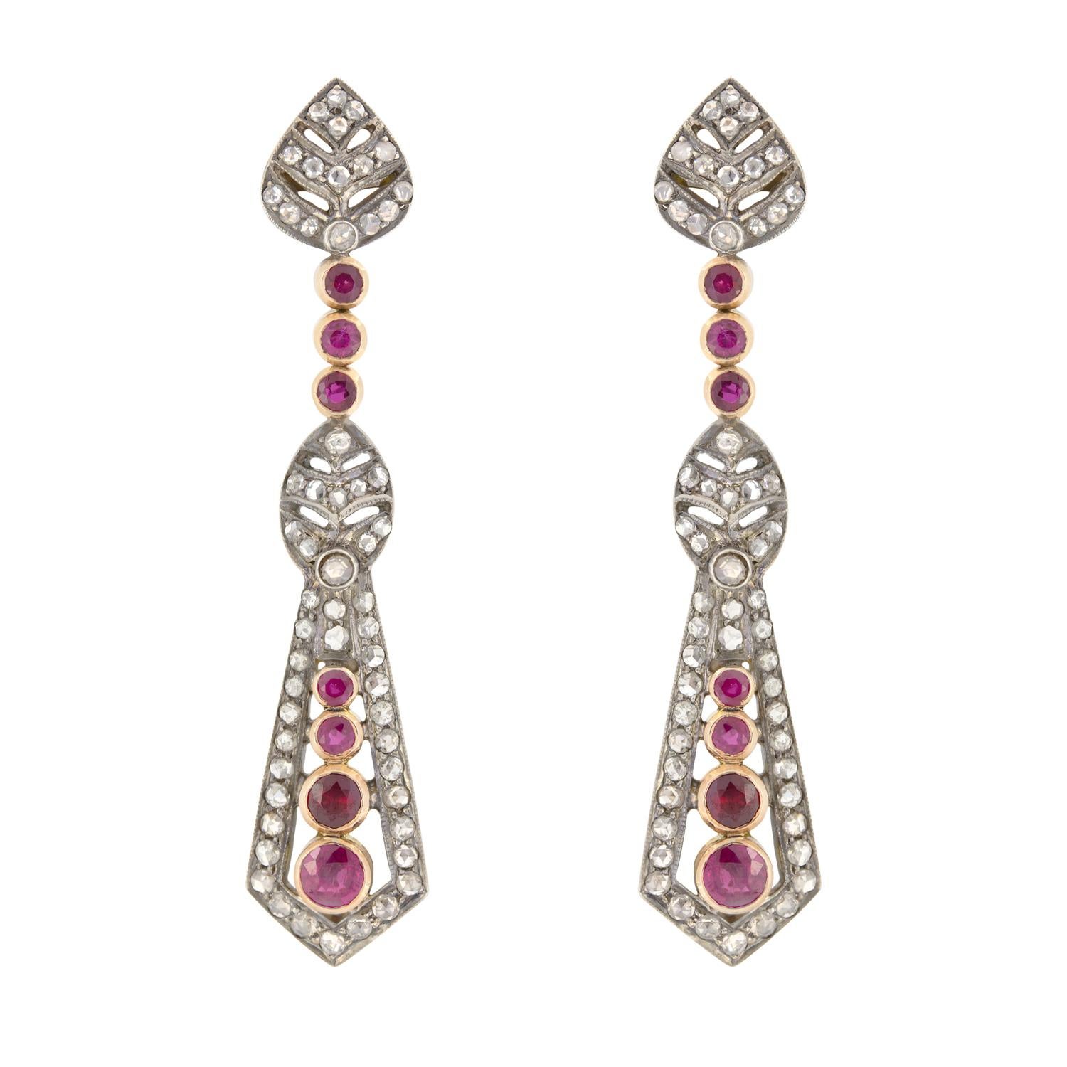 Belle Époque 0.50ct Diamond and Ruby Drop Earrings, c.1880s