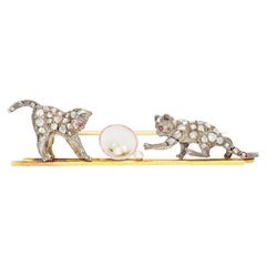 Antique Belle Époque 0.60ct Diamond and Pearl Cat Brooch, c.1880s