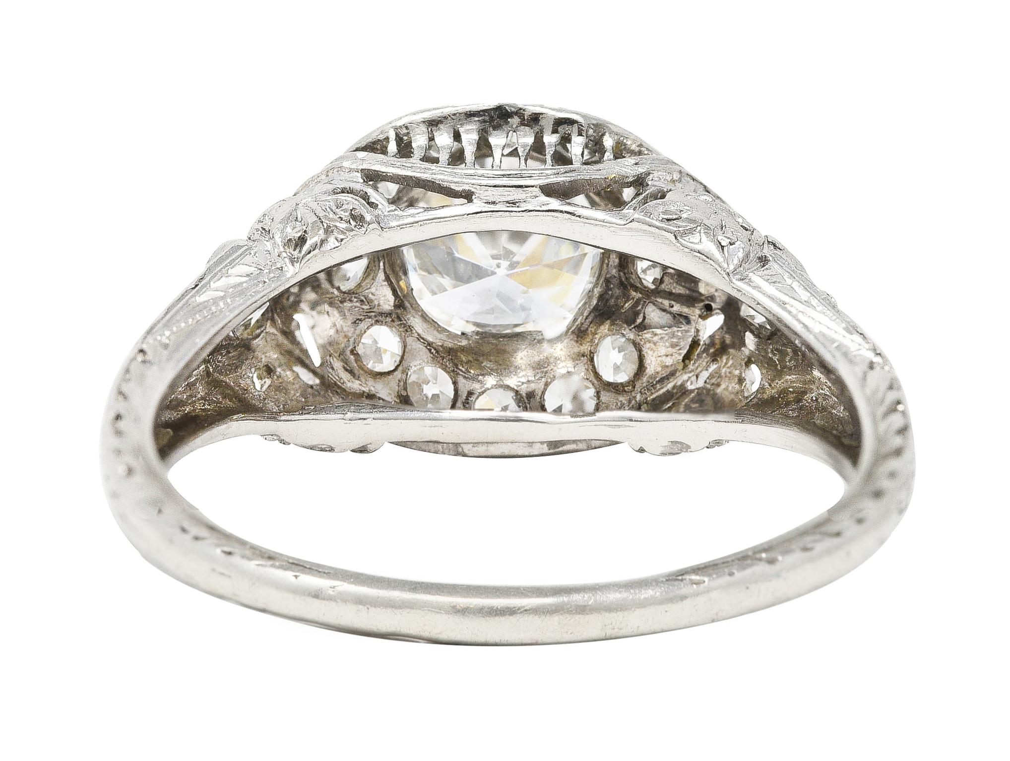 Belle Epoque 1.03 Carats Old European Cut Diamond Platinum Festoon Halo Ring In Excellent Condition In Philadelphia, PA