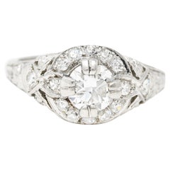 Antique Belle Epoque 1.03 Carats Old European Cut Diamond Platinum Festoon Halo Ring