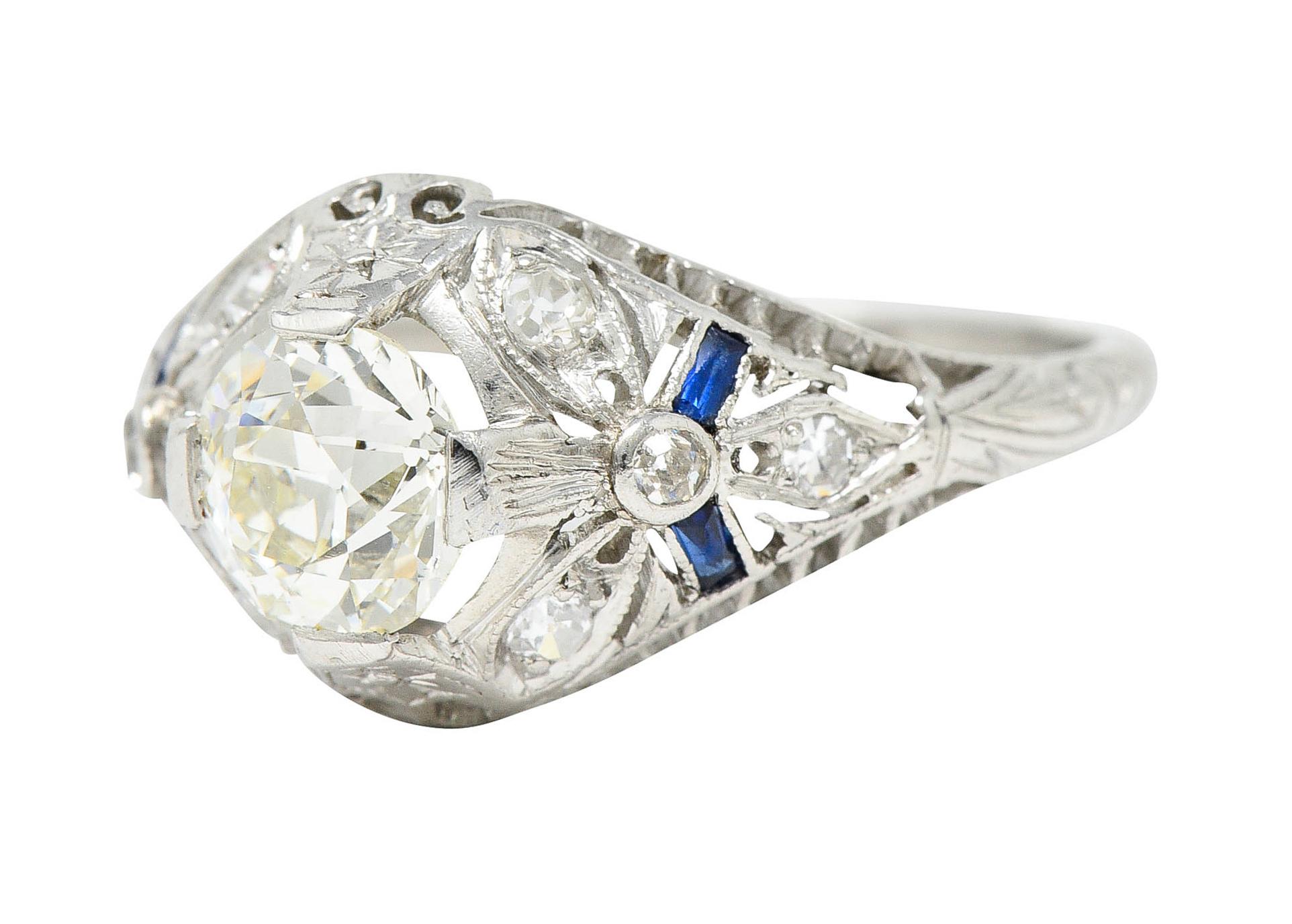 Old European Cut Belle Epoque 1.14 Carats Diamond Sapphire Platinum Bombe Engagement Ring GIA For Sale
