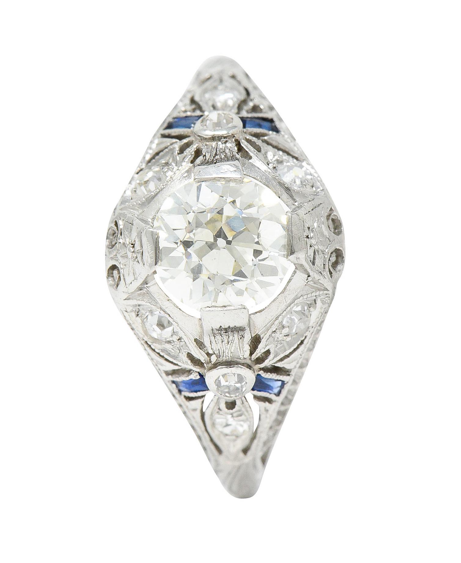 Women's or Men's Belle Epoque 1.14 Carats Diamond Sapphire Platinum Bombe Engagement Ring GIA For Sale