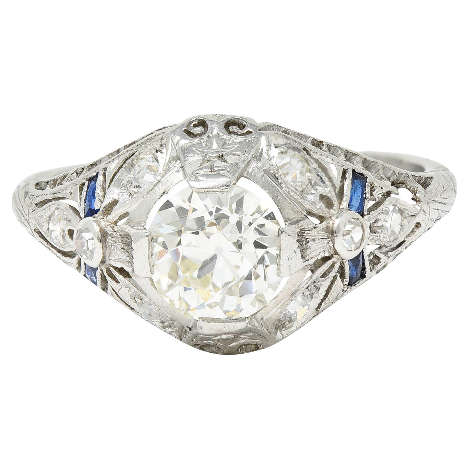 Belle Epoque 1.14 Carats Diamond Sapphire Platinum Bombe Engagement Ring GIA For Sale