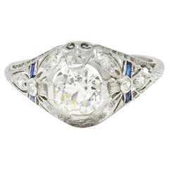 Antique Belle Epoque 1.14 Carats Diamond Sapphire Platinum Bombe Engagement Ring GIA