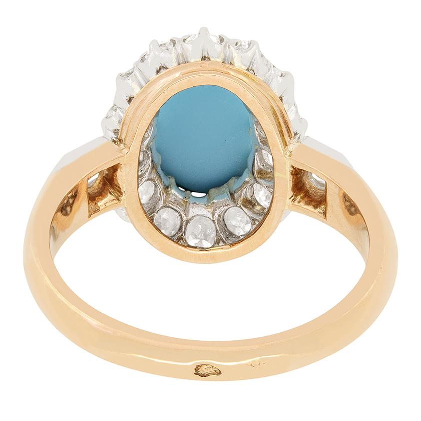 Old Mine Cut Belle Époque 1.20ct Turquoise and Diamond Cluster Ring, c.1910s For Sale