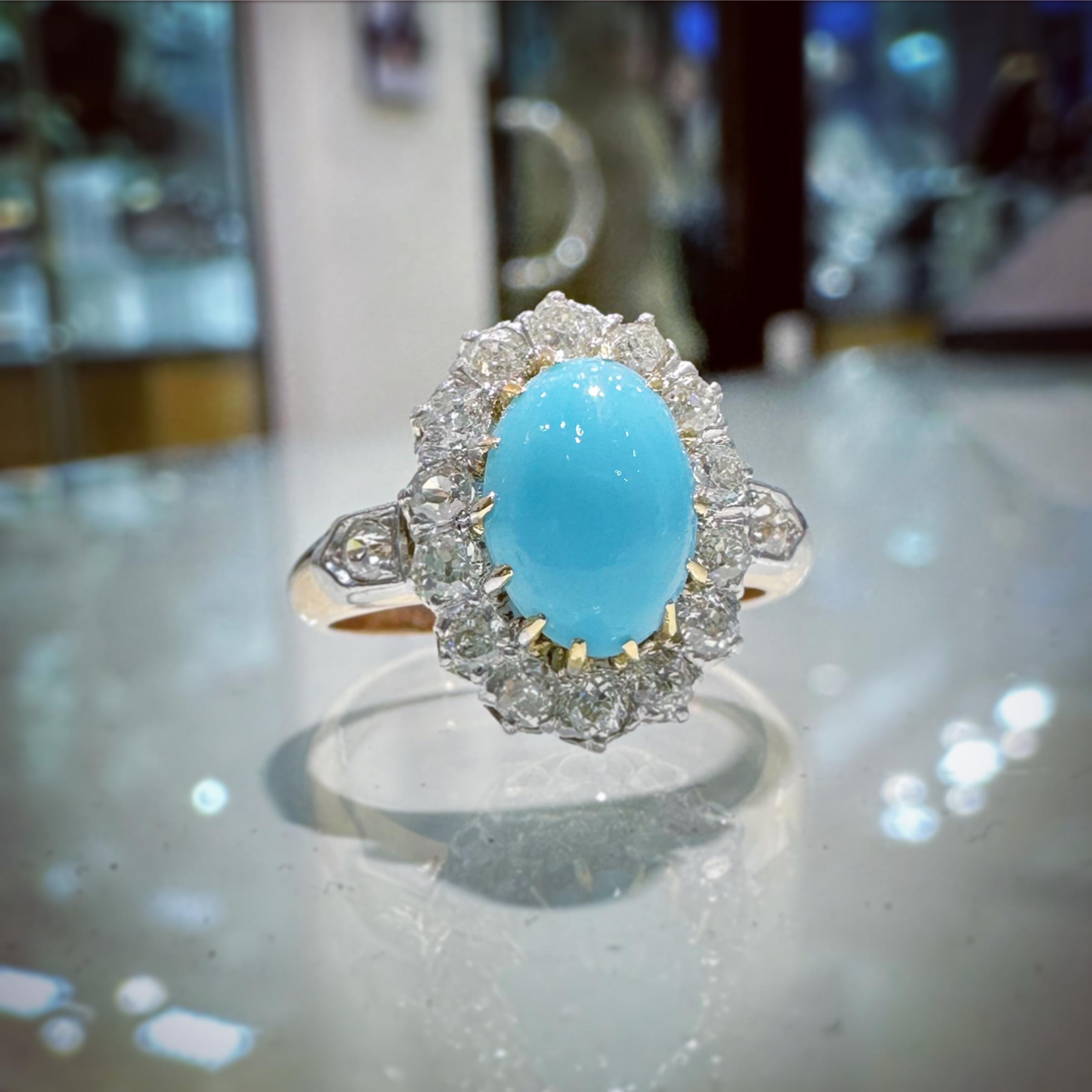 Women's or Men's Belle Époque 1.20ct Turquoise and Diamond Cluster Ring, c.1910s For Sale