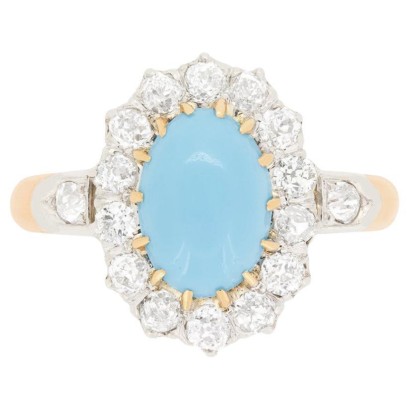 Belle Époque 1.20ct Turquoise and Diamond Cluster Ring, c.1910s For Sale