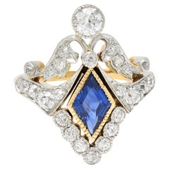 Belle Epoqué 1.32 CTW Sapphire Diamond Platinum 14K Gold Antique Navette Ring