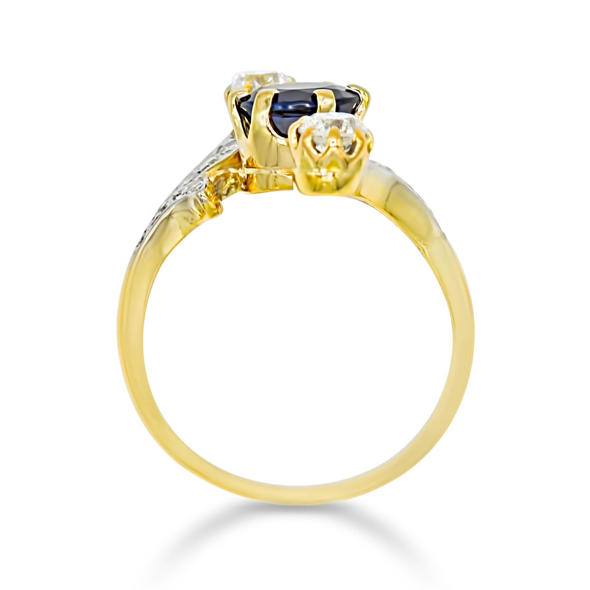 Belle Epoque 1,36 Ct. Natürlicher unerhitzter Saphir Ring aus 18k Gelbgold (Alteuropäischer Schliff) im Angebot