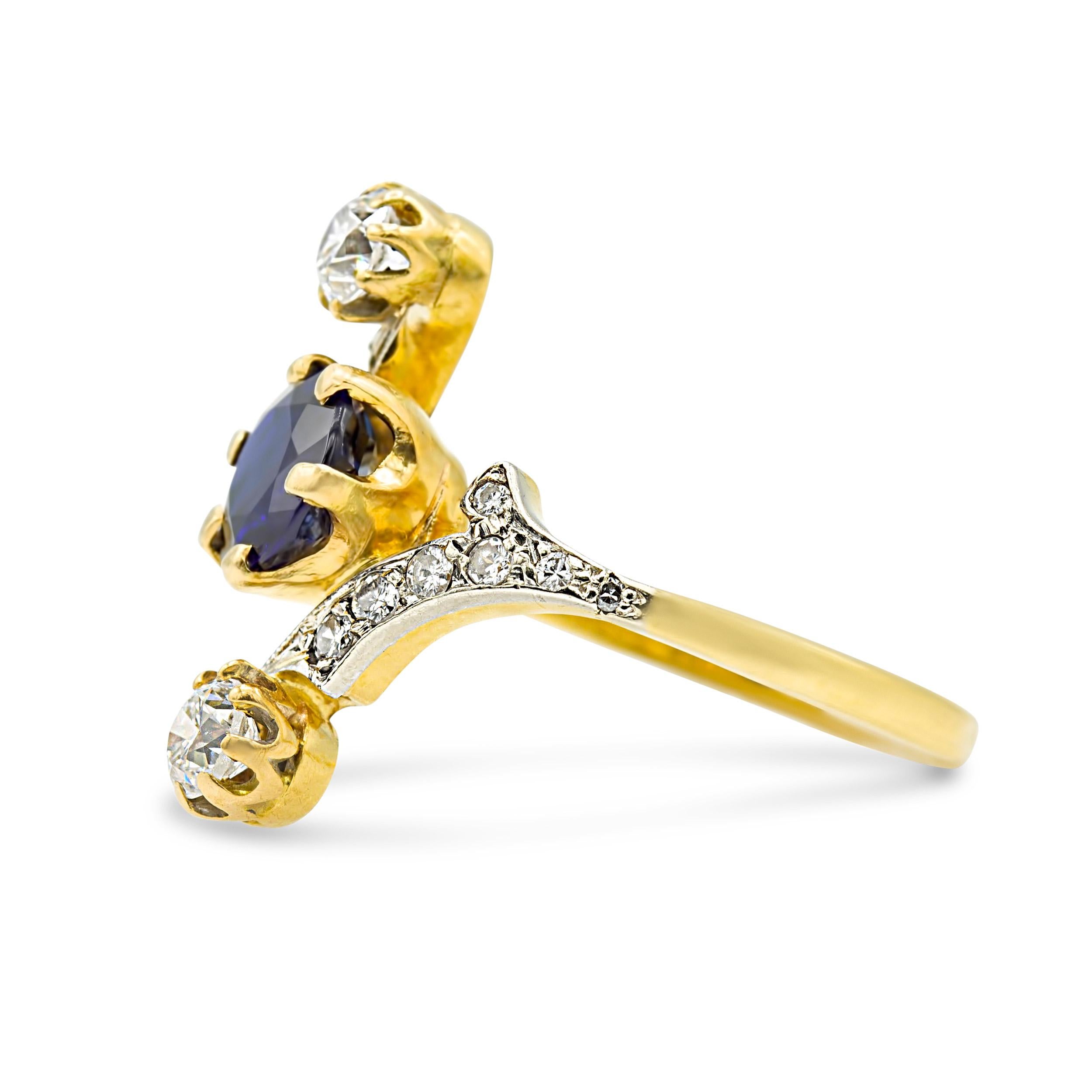 Centered by a velvety blue Burma Sapphire, this French Belle Epoque era cocktail ring is proudly stamped on its shank with a French hallmark. The rich-colored sapphire is certified by the American Gemological Laboratory as unheated and of Burmese