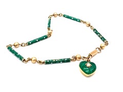 Antique Belle Époque 14K Yellow Gold Link Bracelet Heart Pendant Green Enamel