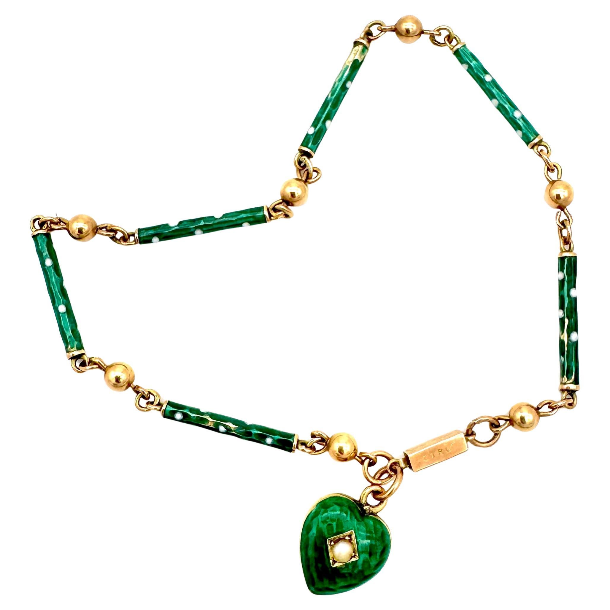 Belle Époque 14 Karat Yellow Gold Link Bracelet With Heart Pendant Green Enamel