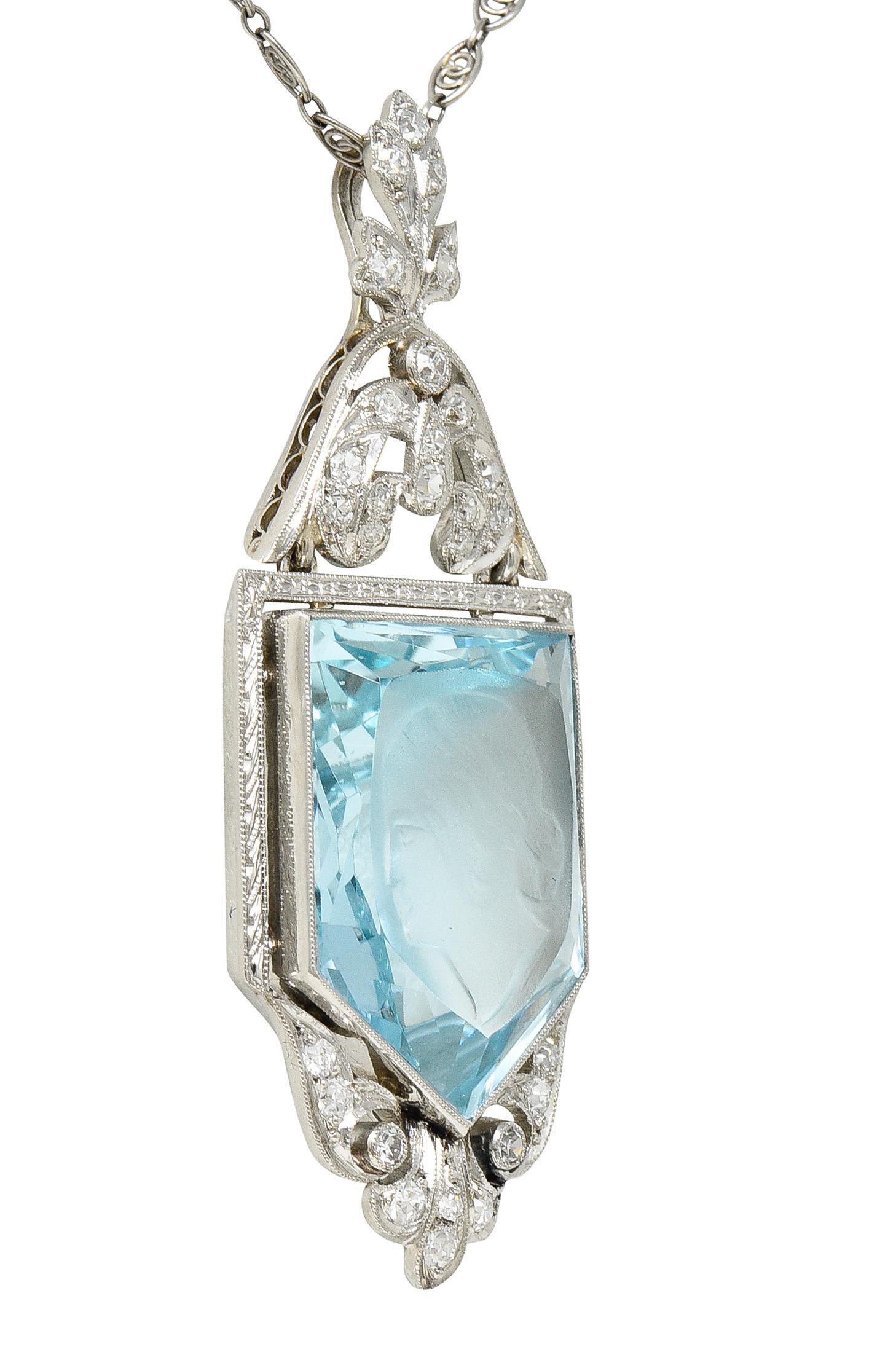 Belle Epoque 14.54 Carats Aquamarine Diamond Pearl Platinum Intaglio Necklace 4