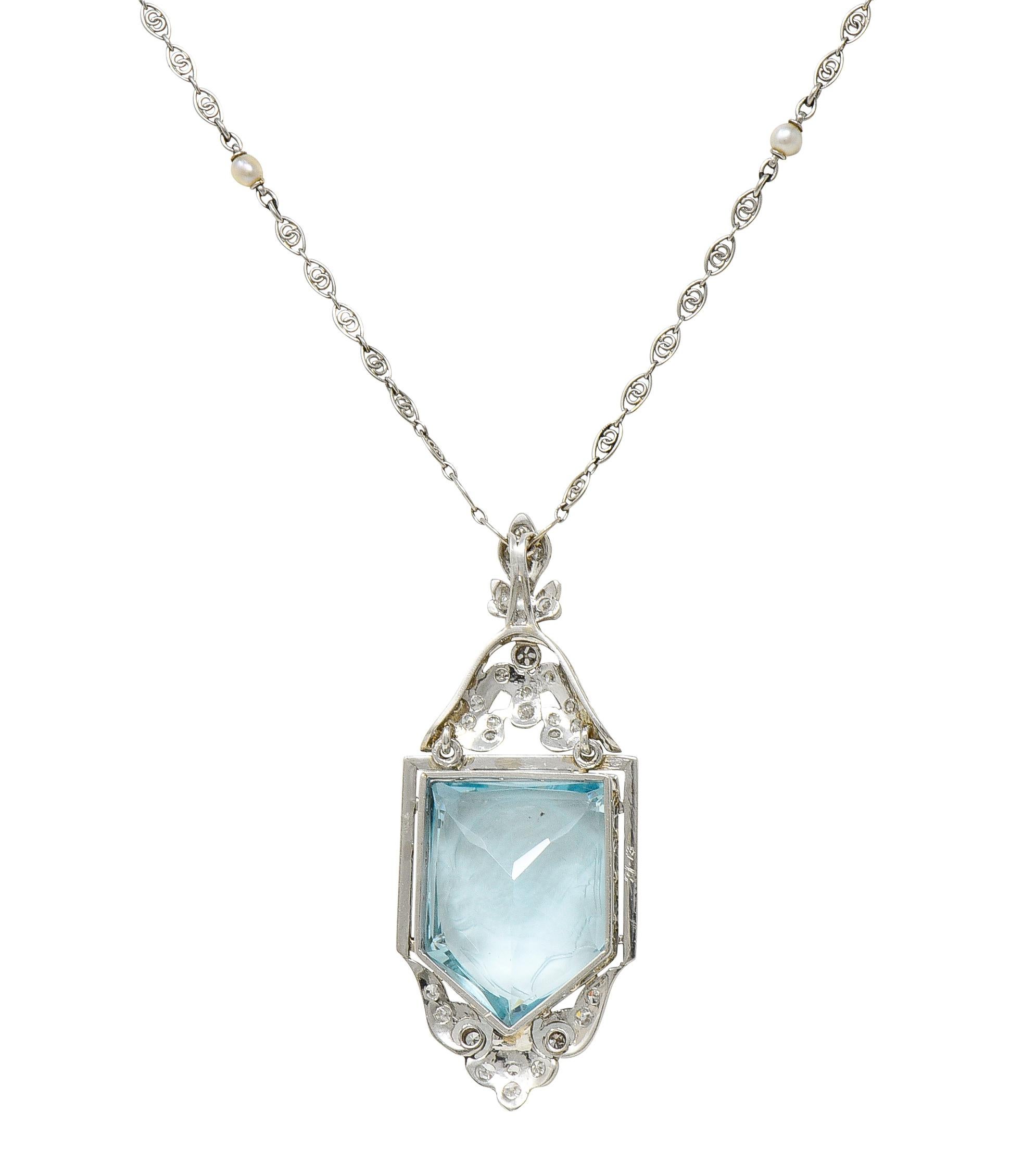 Mixed Cut Belle Epoque 14.54 Carats Aquamarine Diamond Pearl Platinum Intaglio Necklace