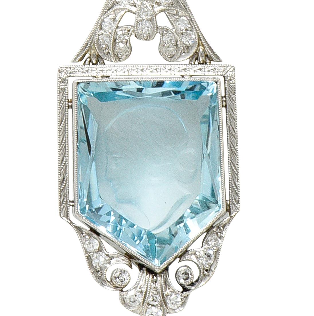 Women's or Men's Belle Epoque 14.54 Carats Aquamarine Diamond Pearl Platinum Intaglio Necklace