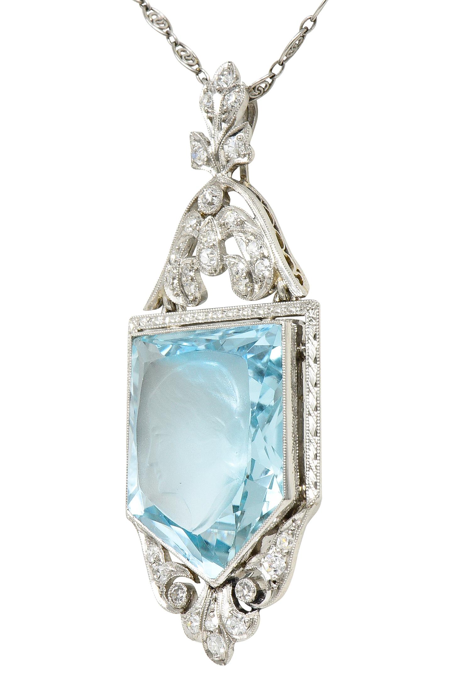 Belle Epoque 14.54 Carats Aquamarine Diamond Pearl Platinum Intaglio Necklace 2