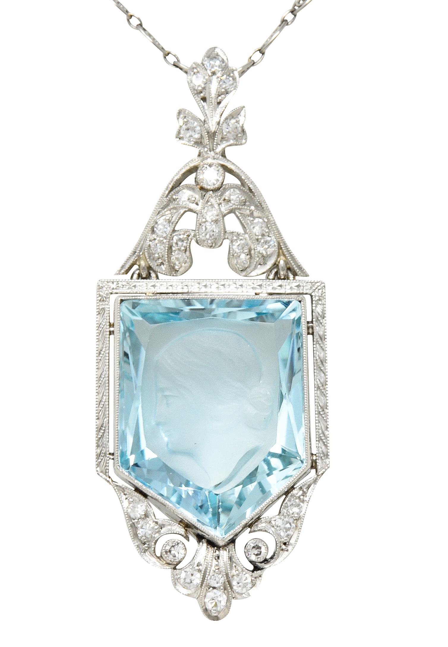 Belle Epoque 14.54 Carats Aquamarine Diamond Pearl Platinum Intaglio Necklace 3