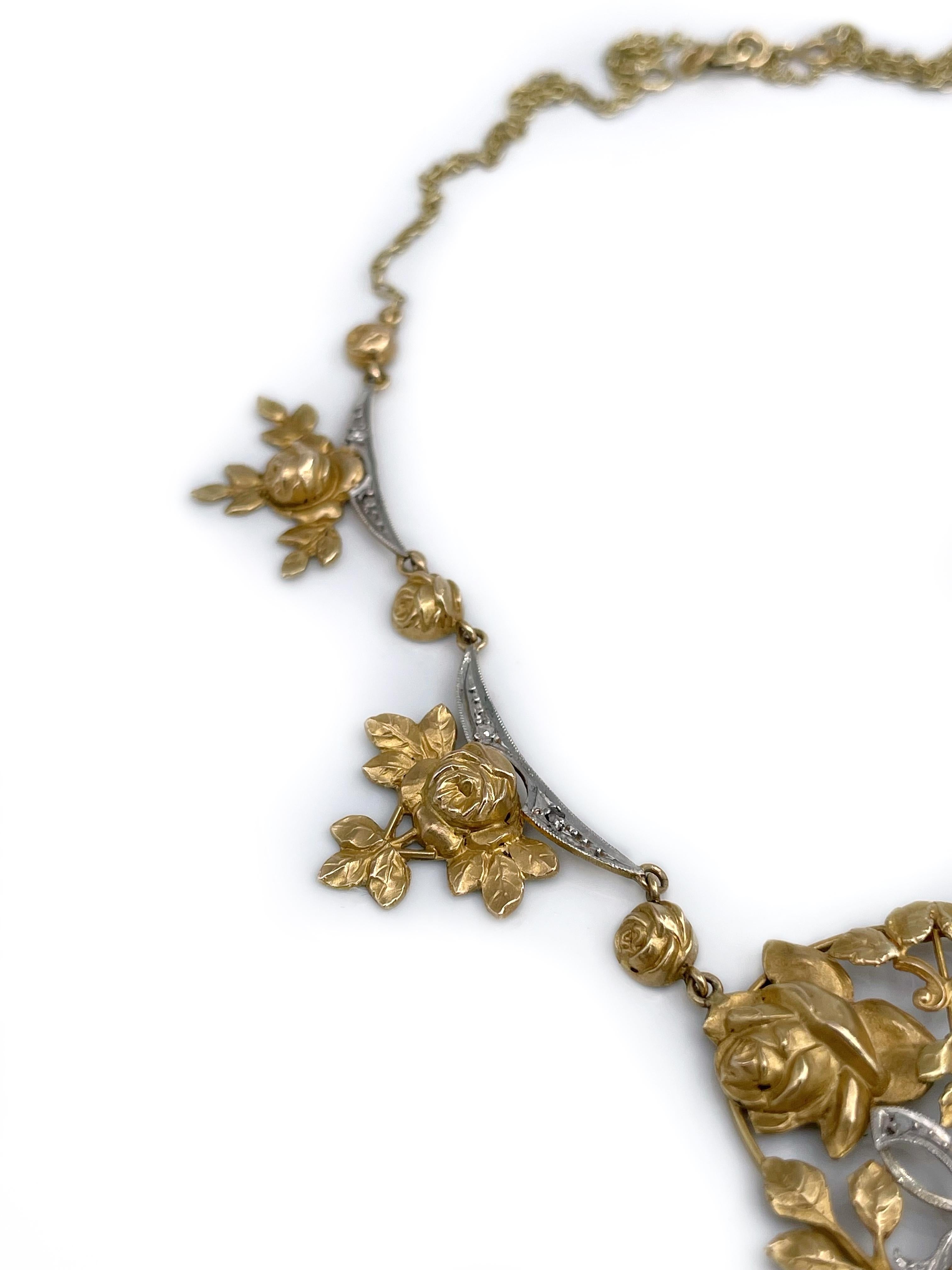 Belle Époque Belle Epoque 14 Karat Yellow Gold Old Cut Diamond Rose Motif Floral Necklace