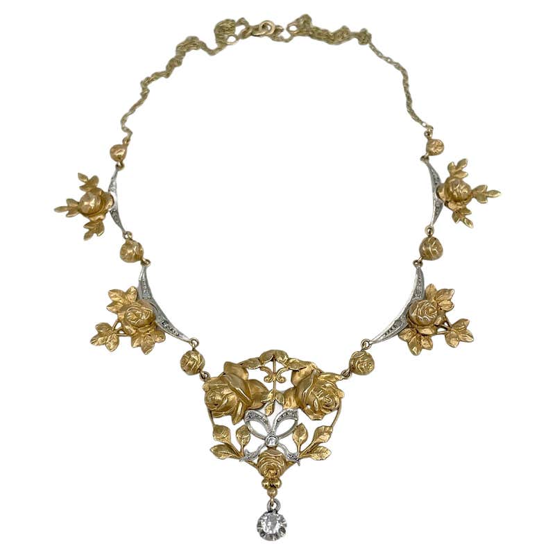 Antique Art Nouveau 9 Karat Gold Rose Cut Diamond Pearl Floral Drop ...