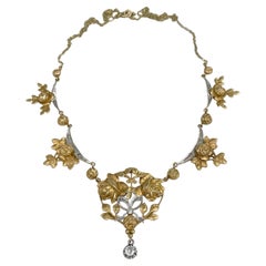 Belle Epoque 14 Karat Yellow Gold Old Cut Diamond Rose Motif Floral Necklace