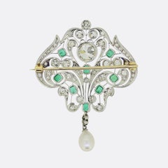 Belle Époque 1.60ct Diamond Pearl and Emerald Brooch