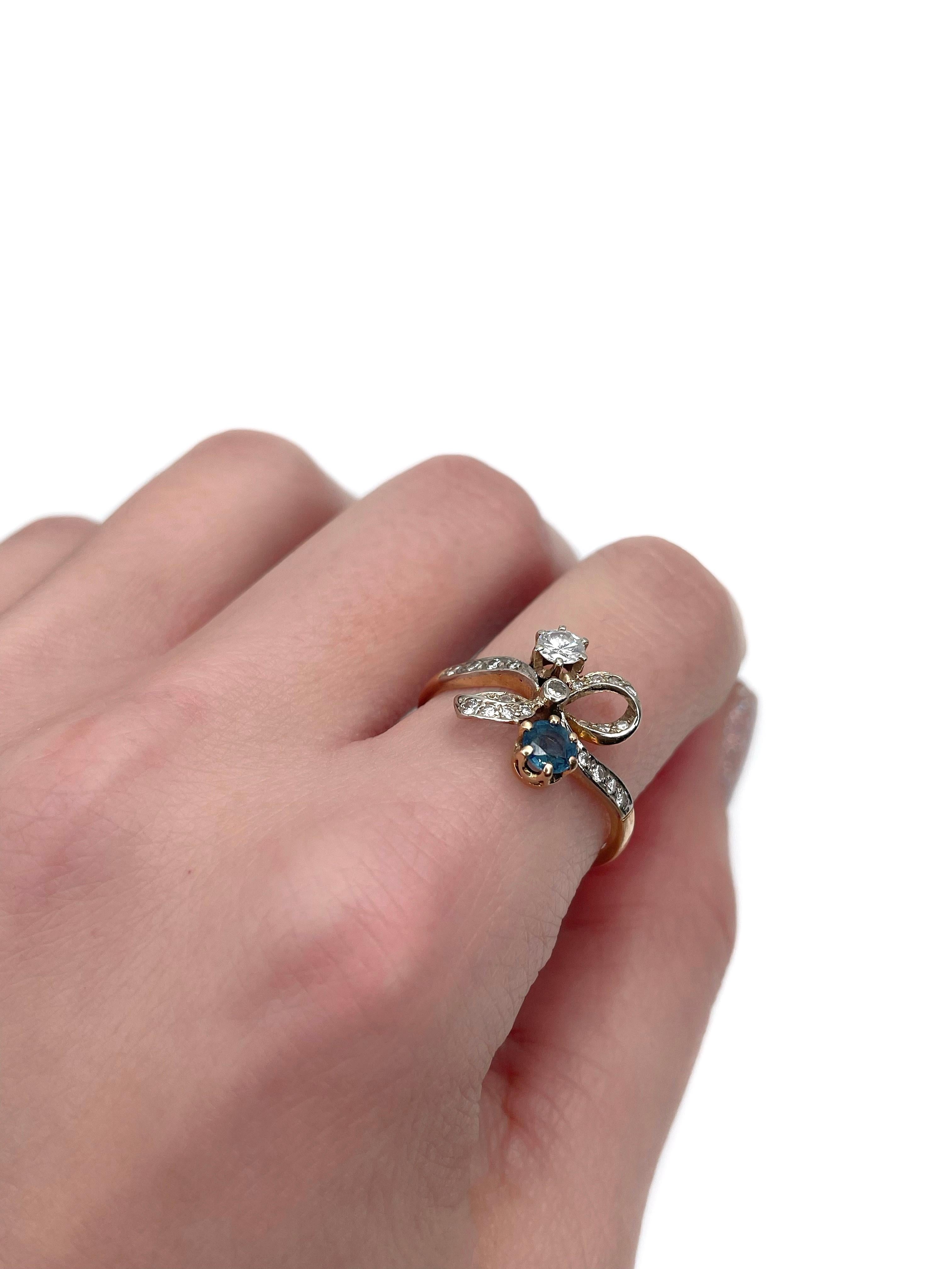 Round Cut Belle Epoque 18 Karat Gold Sapphire Diamond Bow Design Engagement Ring For Sale